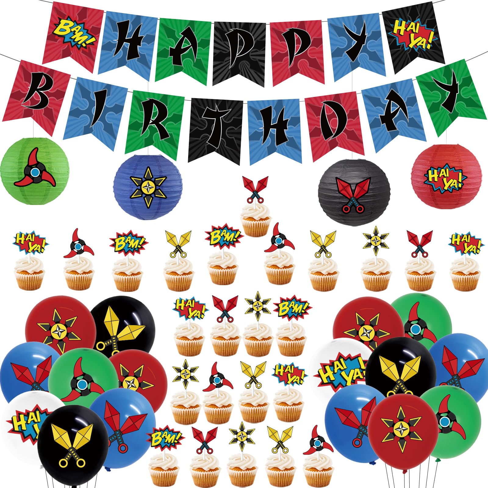 Kreatwow Ninja Birthday Decorations Ninja Happy Birthday Banner Balloons Cupcake Toppers Lanterns Cards Warrior Master Party Supplies for Warrior Themed 1st 2nd 3rd 4th Party