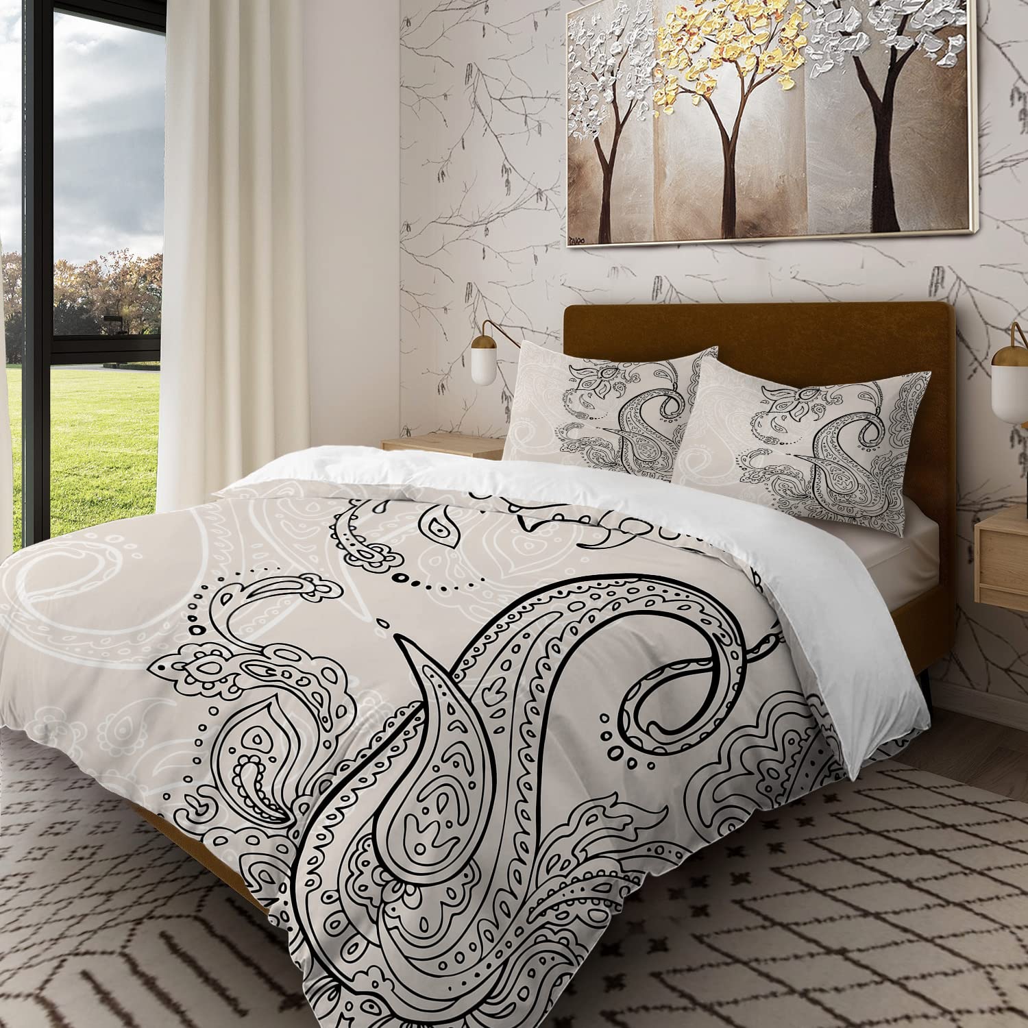 Batmerry Modern Paisley King Size 3 pieces Bedding Comforter Sets,Soft Fluffy Flower Black and White Ornament Vintage Pattern Printed Duvet Cover for All season