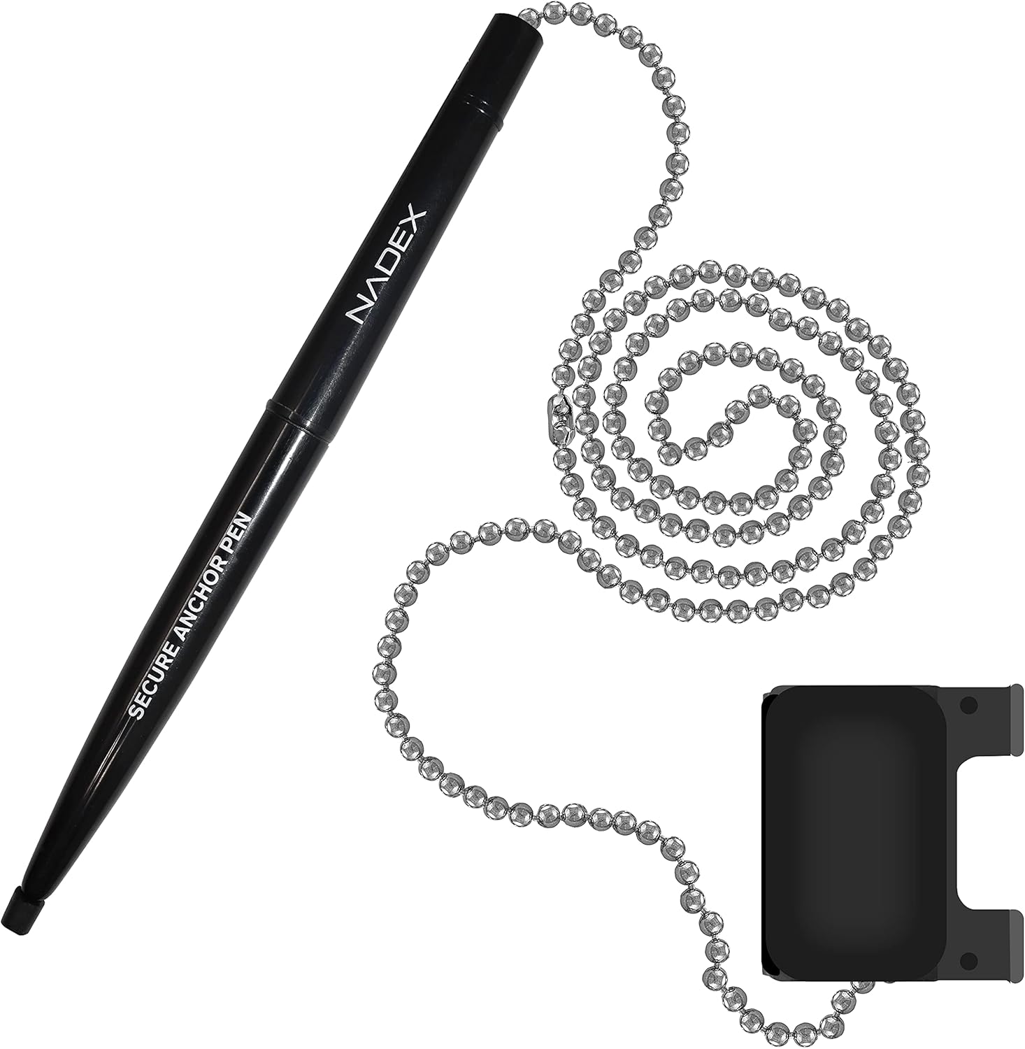 Nadex Pen with Security Chain And Base Mount | Set of 12 Pens, 12 Adhesive Mounts, and 12 Refills (Black)