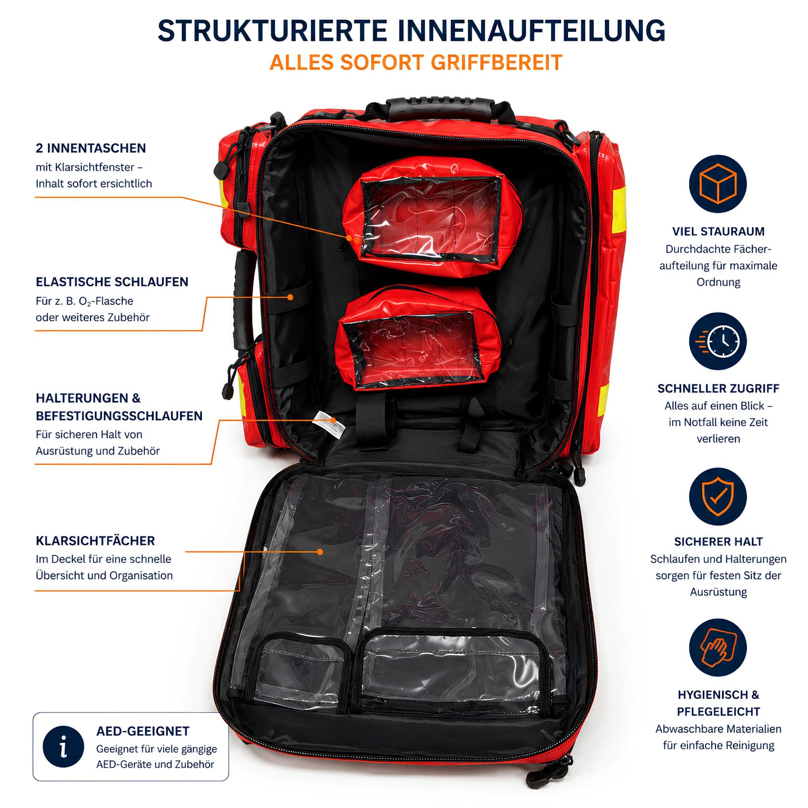 AEROcase AED-Notfallrucksack Größe M rot 44x38x21 cm | Gefüllt nach DIN 13157, Kompatibel mit gängigen AED-Geräten & 0,8 L O2-Flasche, 85-teilige Erste-Hilfe-Ausstattung