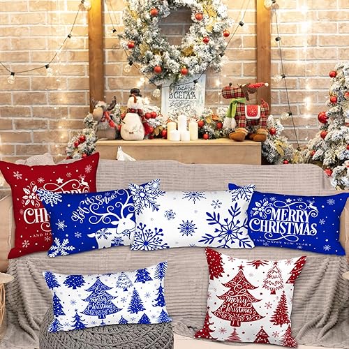 Miniatura 2 de Lanpn Juego de 4 fundas de almohada de madera de Navidad de 12 x 20 pulgadas, decorativas rectangulares largas de 12 x 20 pulgadas, diseño de copo