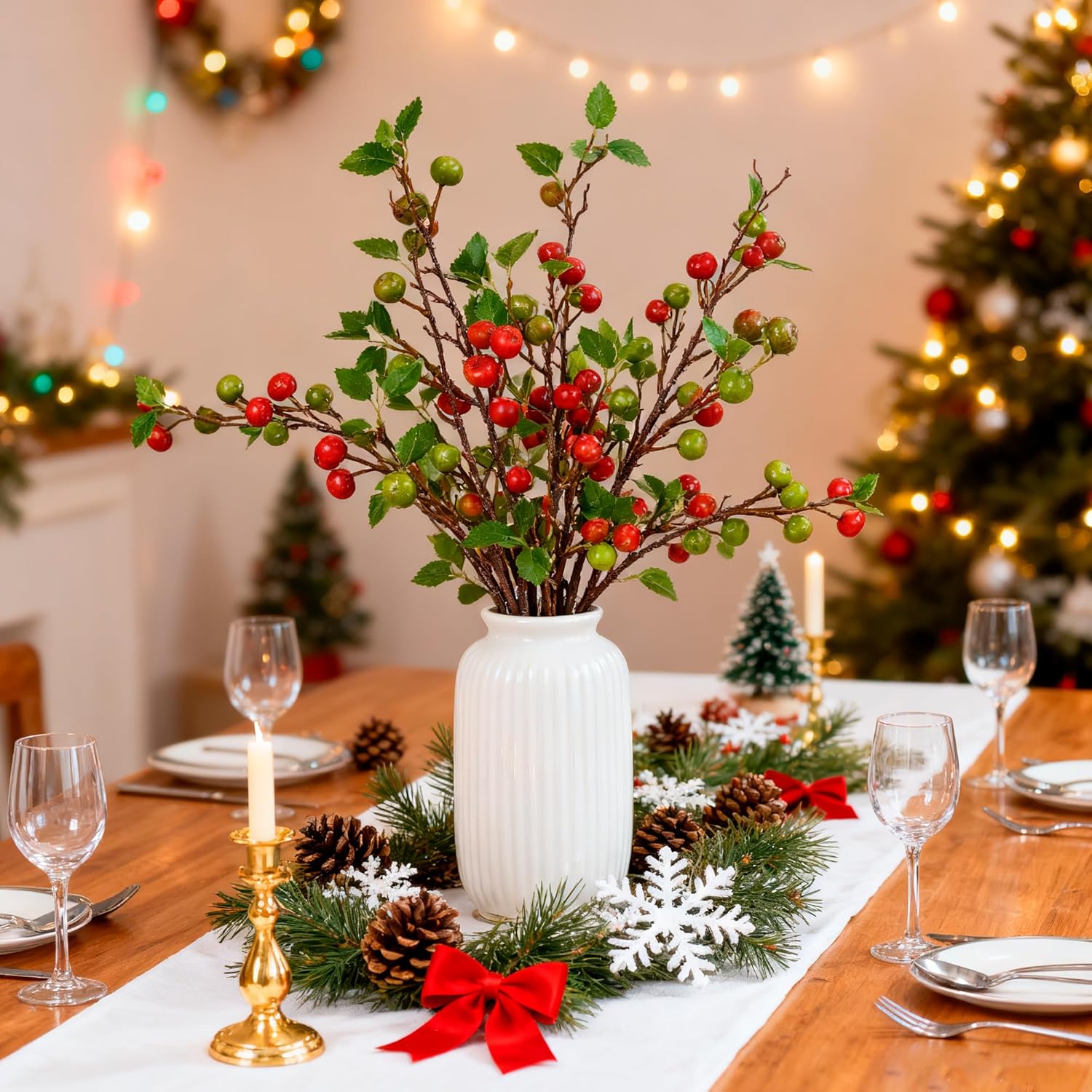 FOFOWHAT 21.65 Inch Christmas Berries Stems, 4 Pcs Faux Berry Branches for Christmas Wreath, Green and Red Berry Branch with Lifelike Artificial Fruits for Xmas Decoration, Vase,Wedding, Table Center