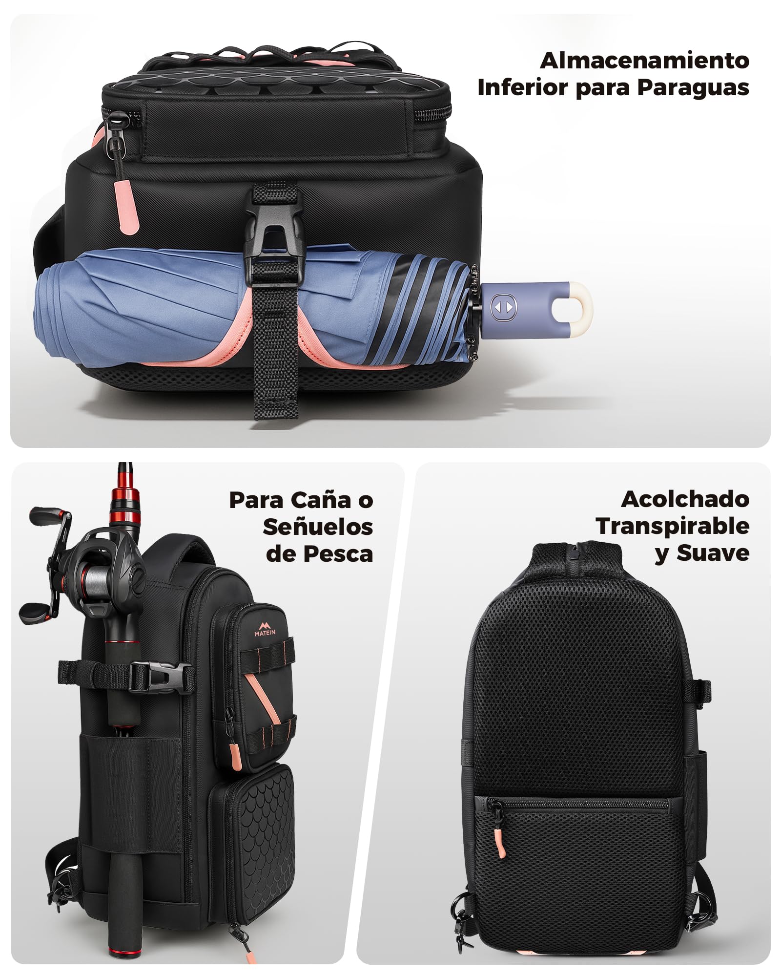 MATEIN Mochila Pesca con Soporte para Caña y Funda para Móvil, Negro
