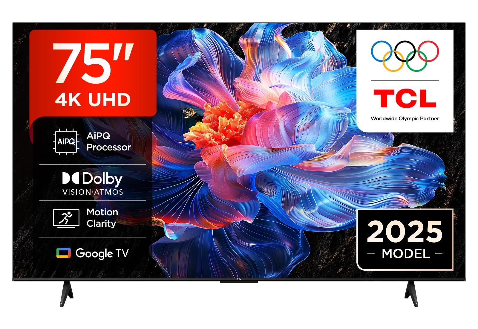 TCL 75V6C-UK 75” Direct LED TV, 4K HDR TV, Smart TV Powered by Google TV (Dolby Vision & Atmos, Motion clarity, compatible with Google Assistant & Alexa)