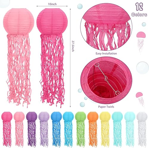 Miniatura 9 de Retisee Juego de 12 linternas de papel de medusas, faroles colgantes de sirena bajo el mar, decoraciones para fiestas de cumpleaños, temática de