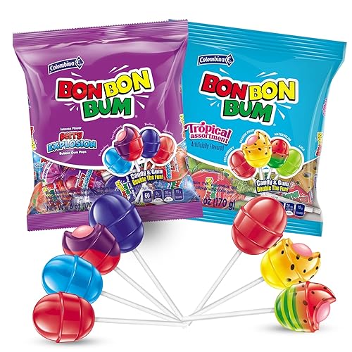 Colombina Paletas Bon Bum con centro de goma de mascar  Surtido de sabores de bayas y salpicaduras tropicales, 2 paquetes de ventosas envueltas