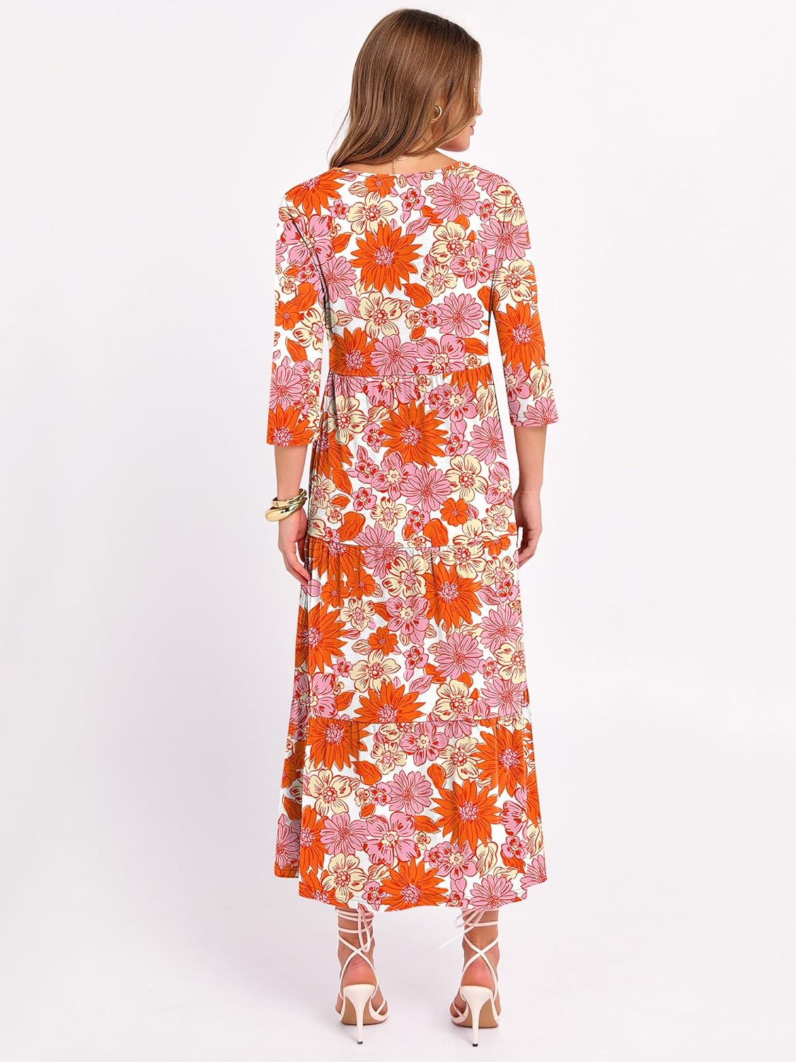 Prinbara Womens 3/4 Sleeve Casual Maxi Floral Dresses 2026 Spring Crewneck A-line Tiered Flowy Summer Boho T Shirt Long Dress - Image 5