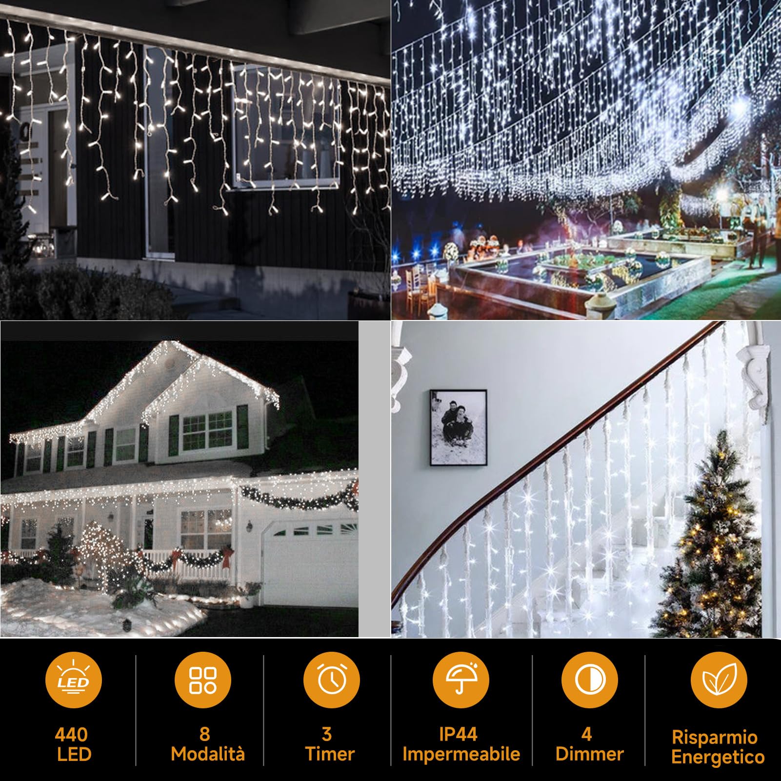 WOWDSGN Luci Natale 10M 440LED, Decorazioni Natalizie Tenda Luminosa Natale con 8 Modalità, Luci Natalizie da Esterno IP44 (Bianco Freddo)