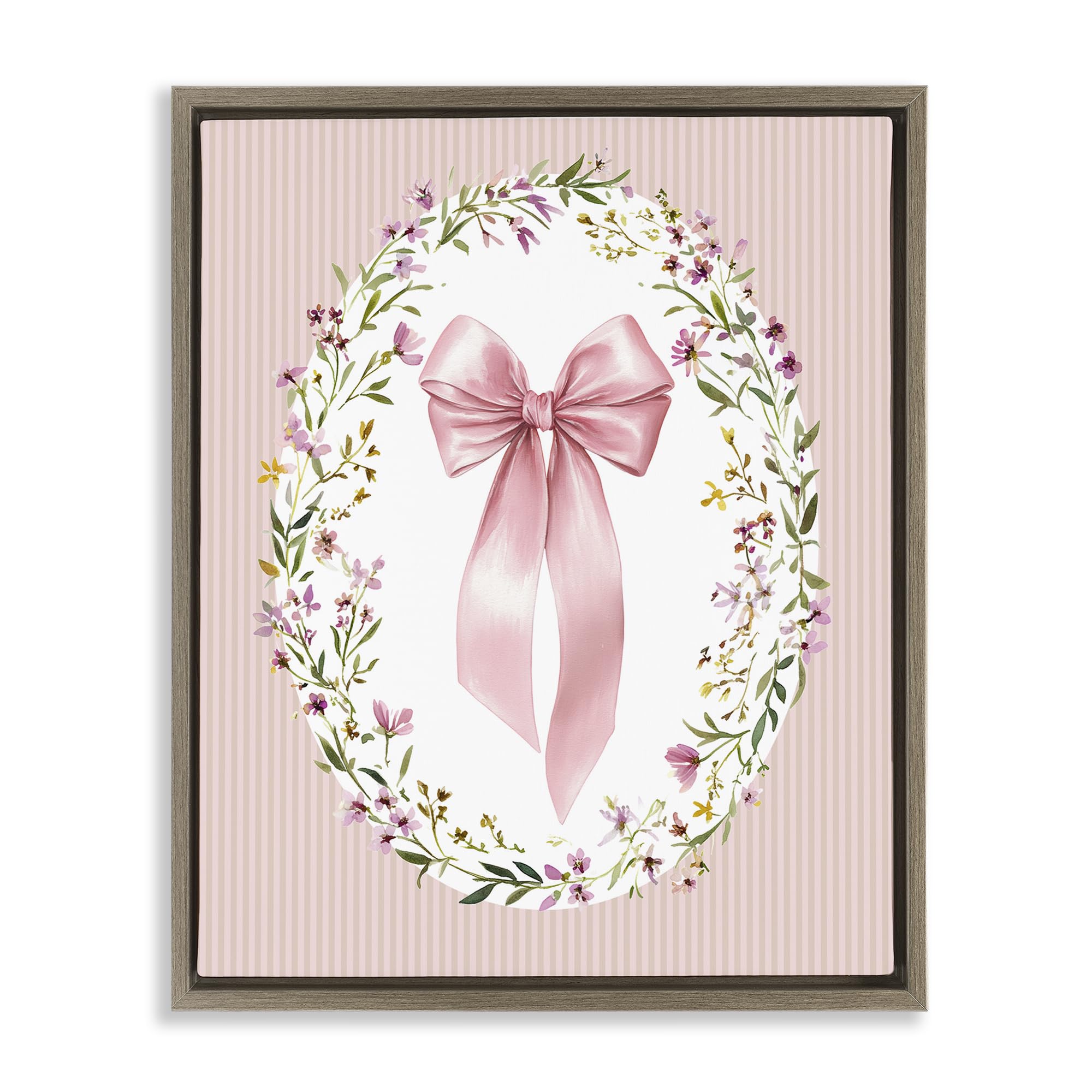 Stupell Industries Montalcino Elm (Textured) 'Ribbon With Oval Florals'| Floating Frame Canvas Art