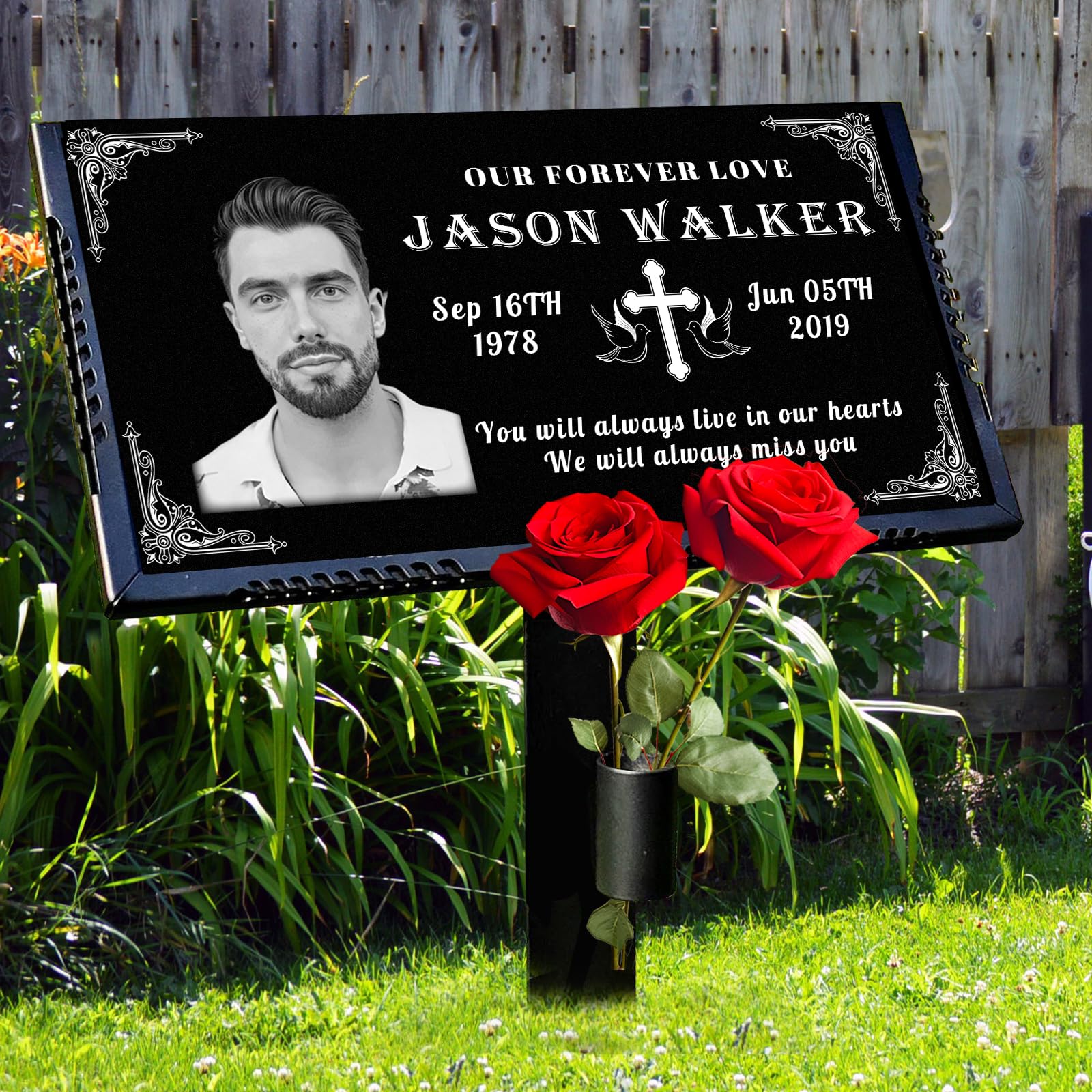 Grave Markers for Cemetery for Humans with Photo, 12x6 Tombstones for Graves Stone Temporary Headstones for Graves Waterproof, Natural Granite Memorial Garden Stones, Memorial Plaque for Outdoor/Indoors Decorations