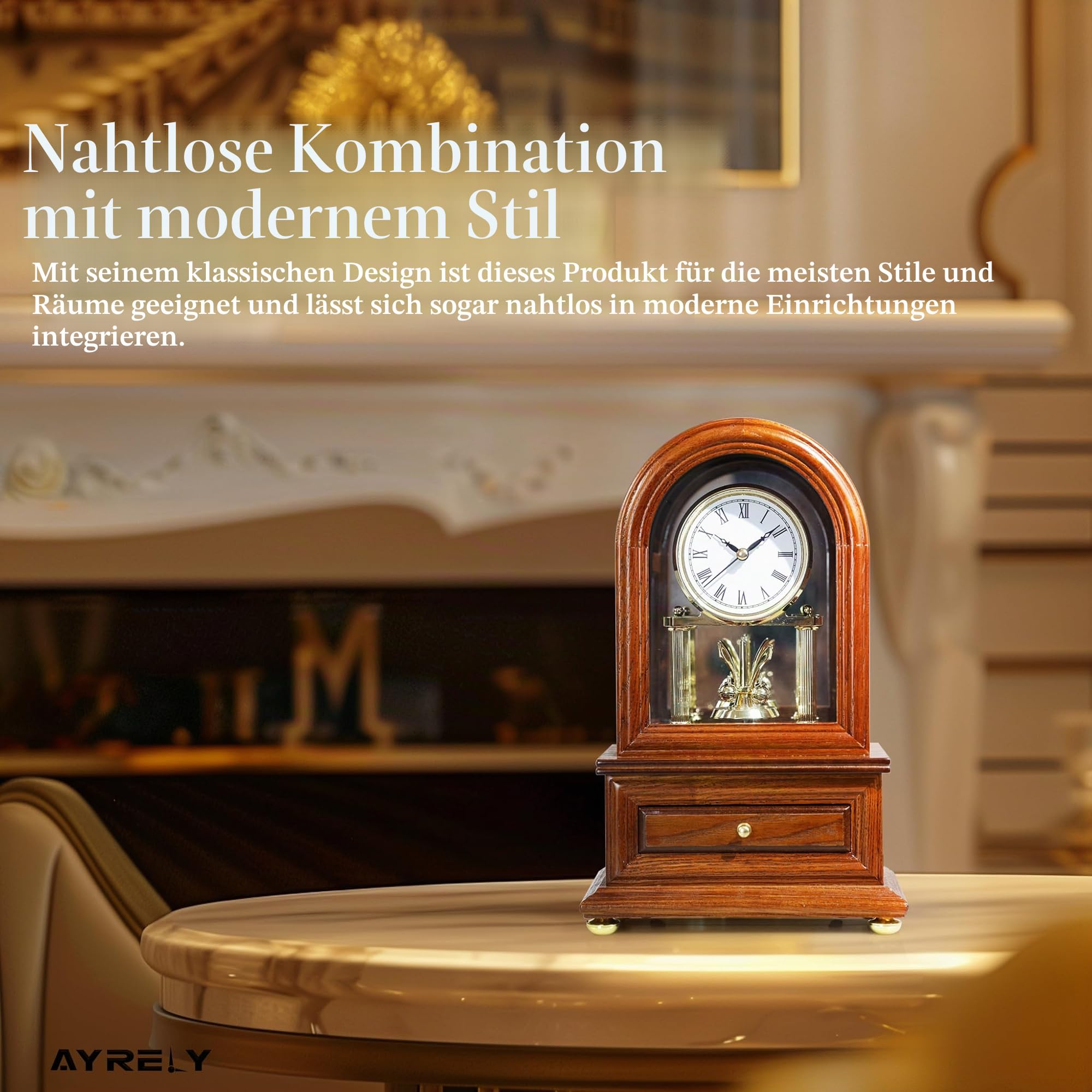 AYRELY® Holz Tischuhr Jubiläumsuhr, Antike Regaluhren, Retro Kaminuhr mit Drehpendel, Schreibtisch Standuhr im Großvaterstil, Vintage Tischuhren für Wohnzimmer, Wohndeko Geschenk