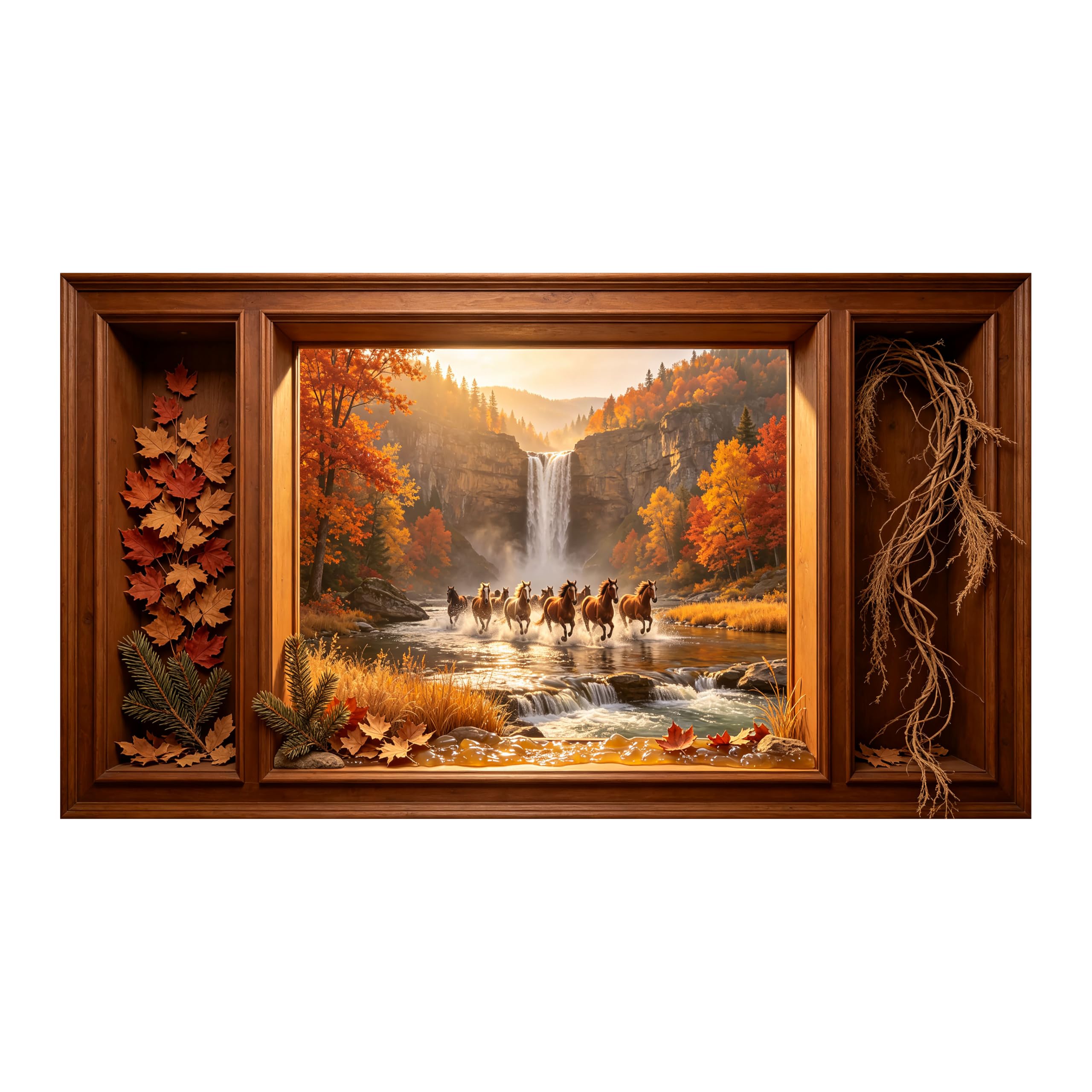 Yzpallescene Art260711193 3D Framed Wall Art Autumn Waterfall Running Horses Rustic Landscape Large Size Selfadhesive Removable Wall Decor Prints Artwork For Living Room Bedroom Office
