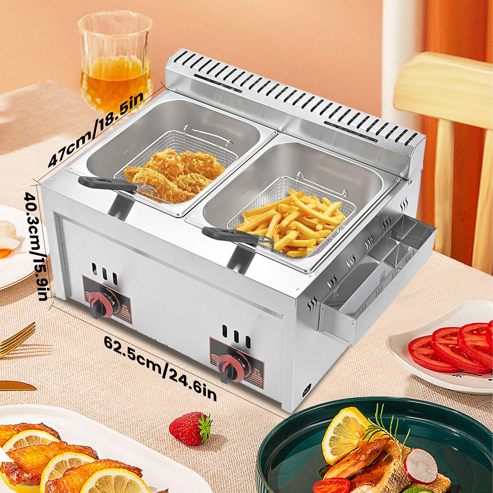 Freidora de gas de acero inoxidable con doble depósito y cabezal de freidora giratoria, freidora de aceite de encimera con copas de patatas fritas, 20 litros de volumen, freidora doble para cocina,