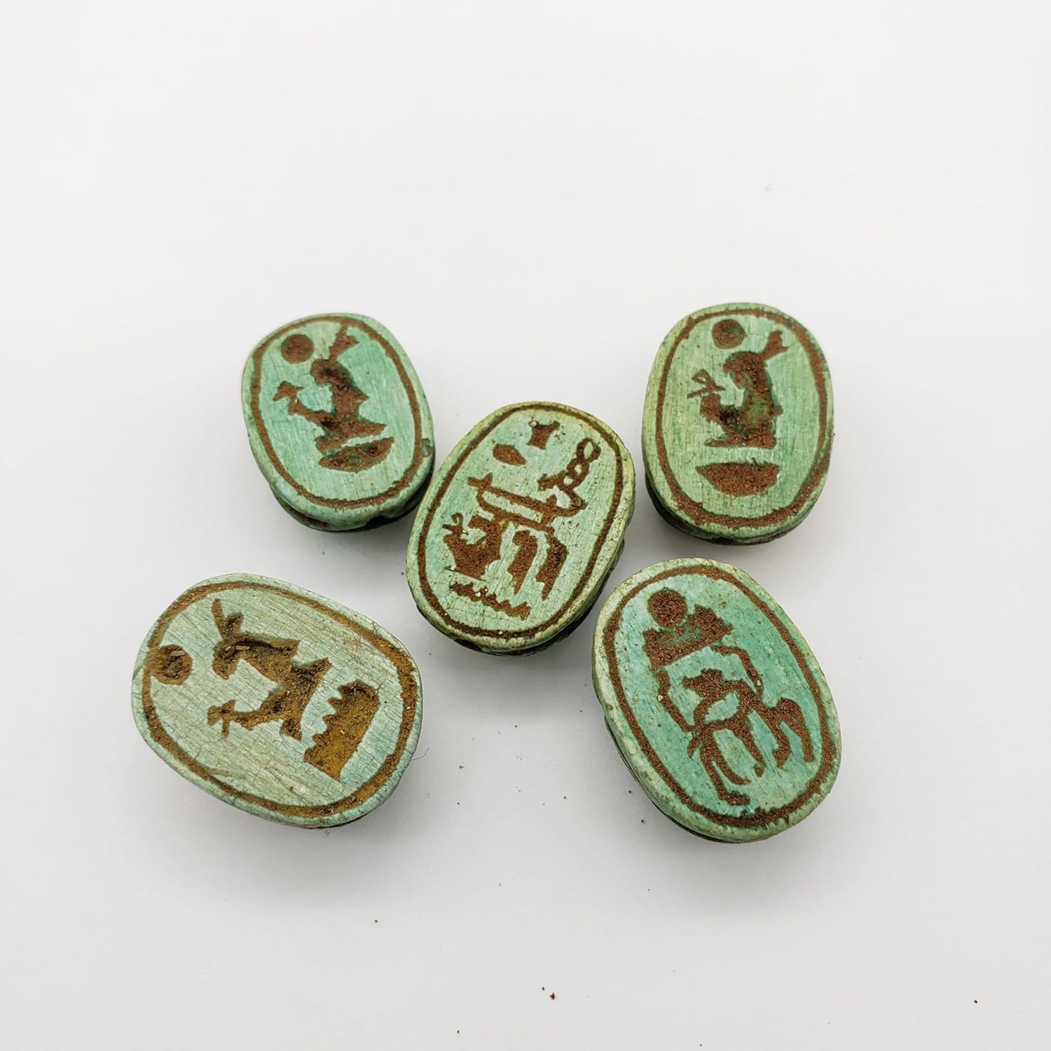 Egyptian Scarab Beads Set of 5 - Green Hand-Carved Soapstone - Ancient Egypt Hieroglyphs - Made in Egypt