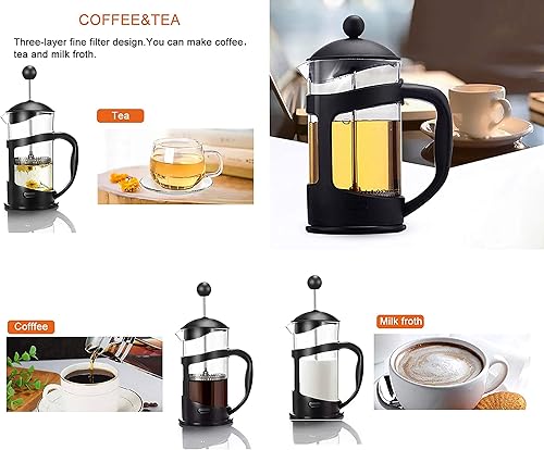 Miniatura 5 de Cafetera de prensa francesa con filtro reutilizable de acero inoxidable, vidrio de borosilicato alto, 12 onzas, color negro