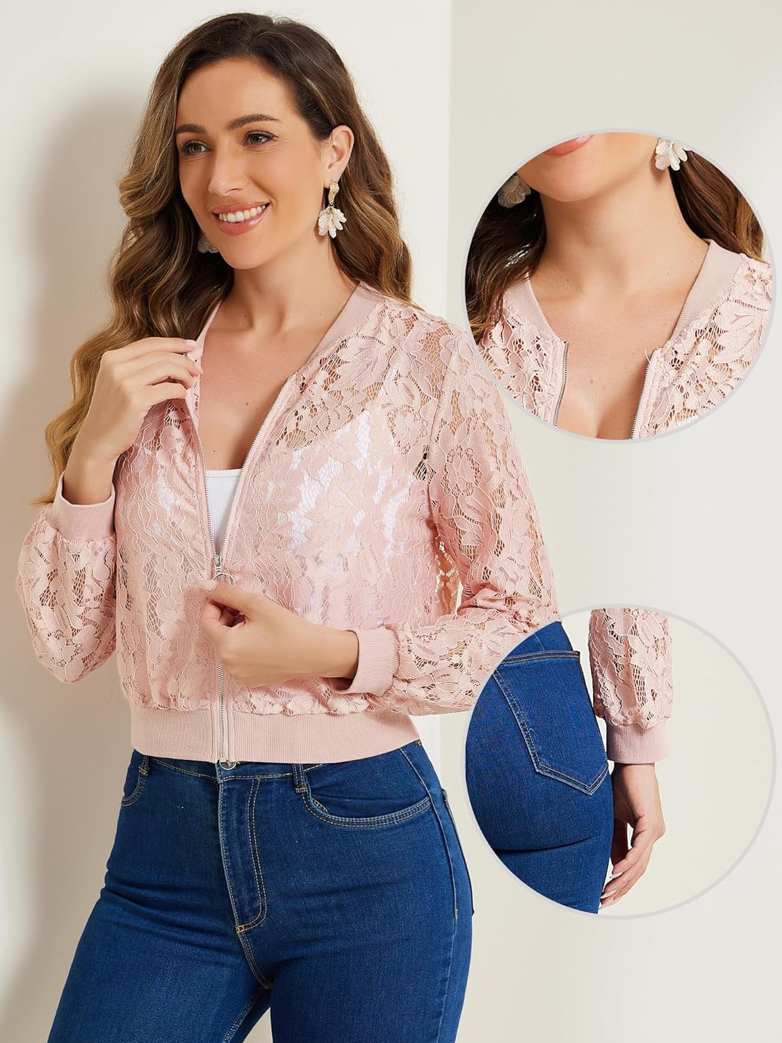 Allegra K Lace Jackets for Women's Stand Collar Zip Up Lightweight Gothic Sheer Baseball Jacket - Image 4