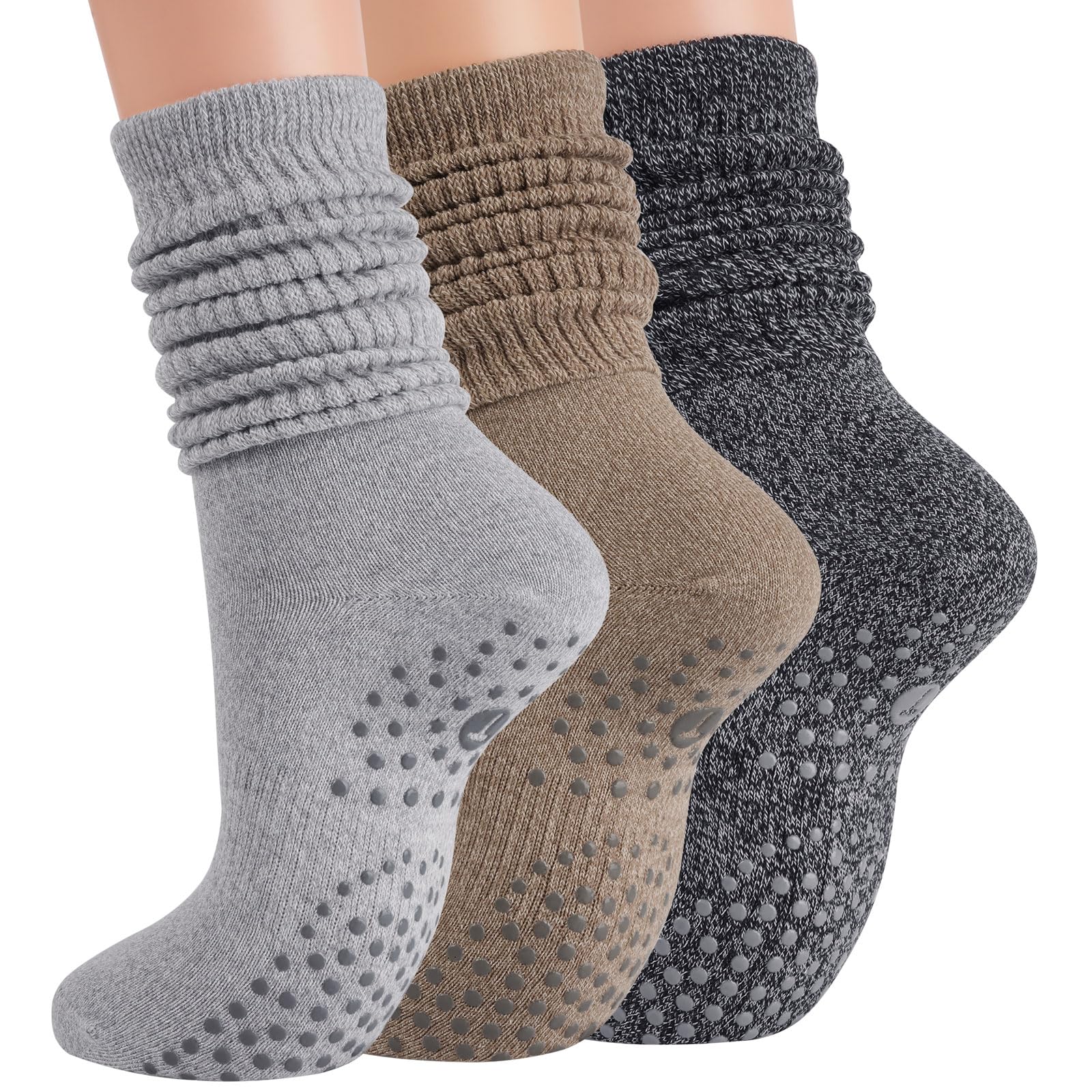 Horuru Women's Black+Grey+Brown Grip Pilates Socks For Yoga Slouch Socks With Grip For Barre Workout Hospital Long Scrunch Slipper Socks, 6-10 Tall