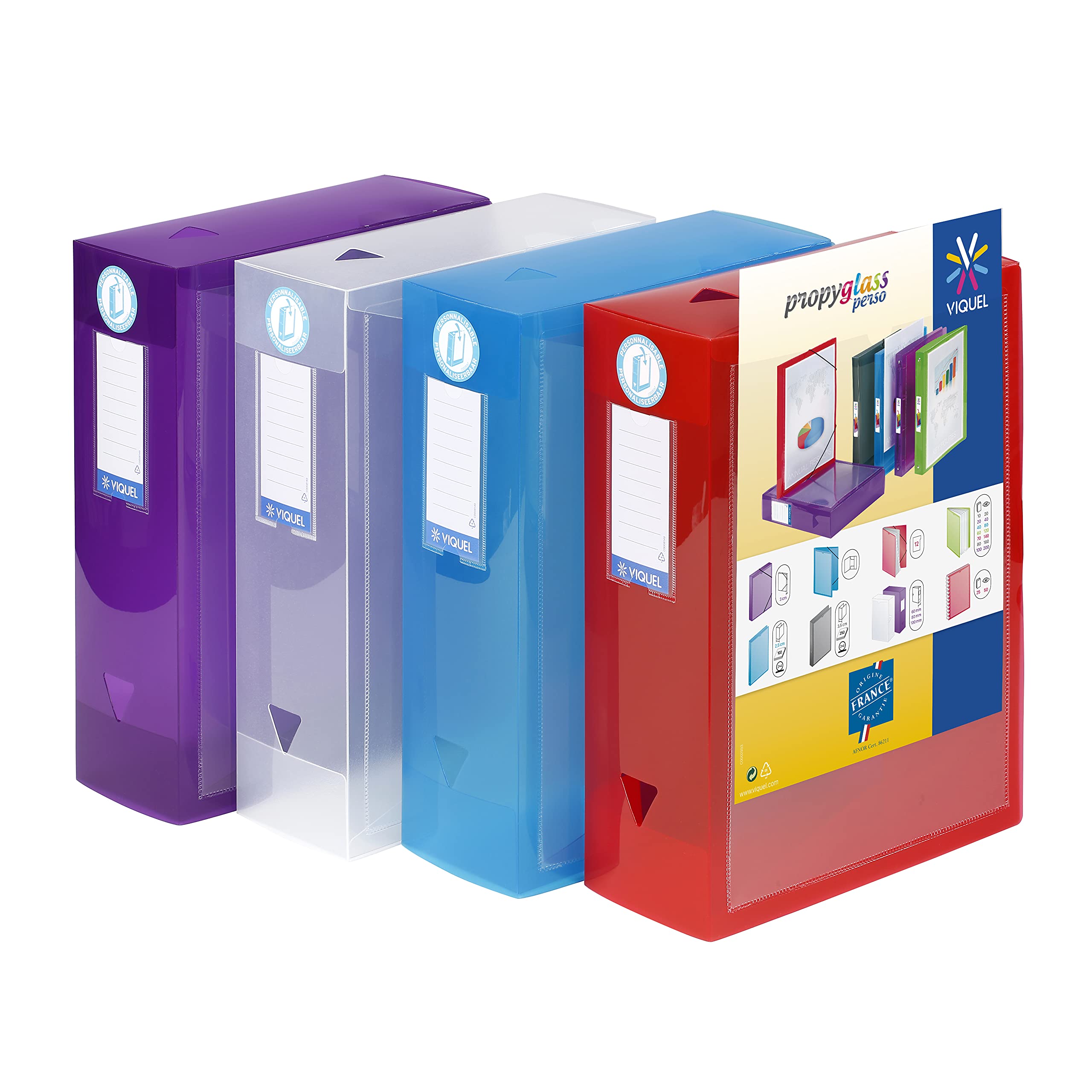 Viquel Class Docs Propyglass – Juego de 4 cajas de índice personalizable (polipropileno) ancho de 100 mm), multicolor
