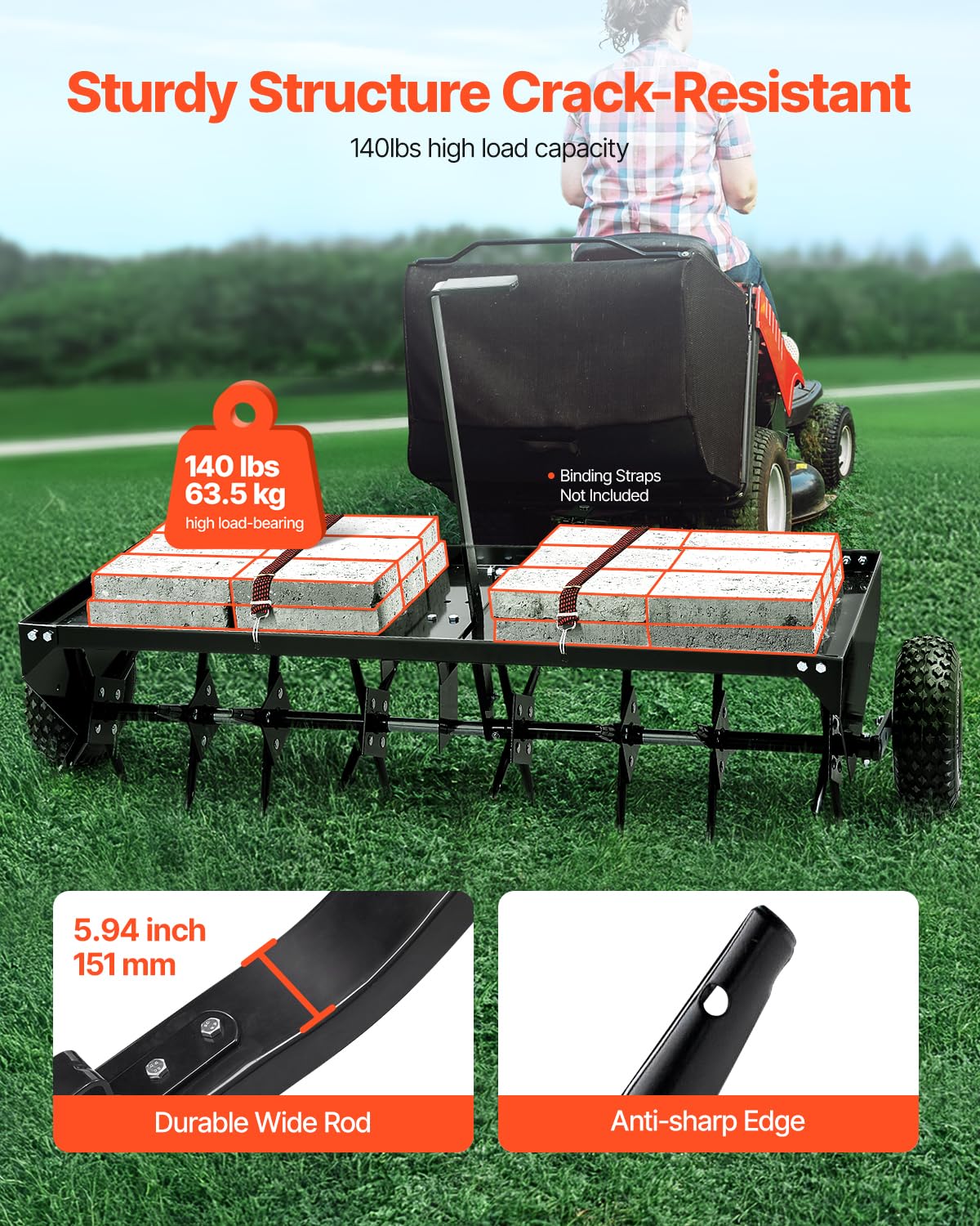 VEVOR Aerifizierer, 1500x980x885 mm, Rasenbelüfter zum Hinterherziehen mit Universalkupplung, Aufsitzmäher mit abwechselnd angeordneten Eisenspikes, Rasenlüfter für Gärten, Rasenflächen, Bauernhöfe