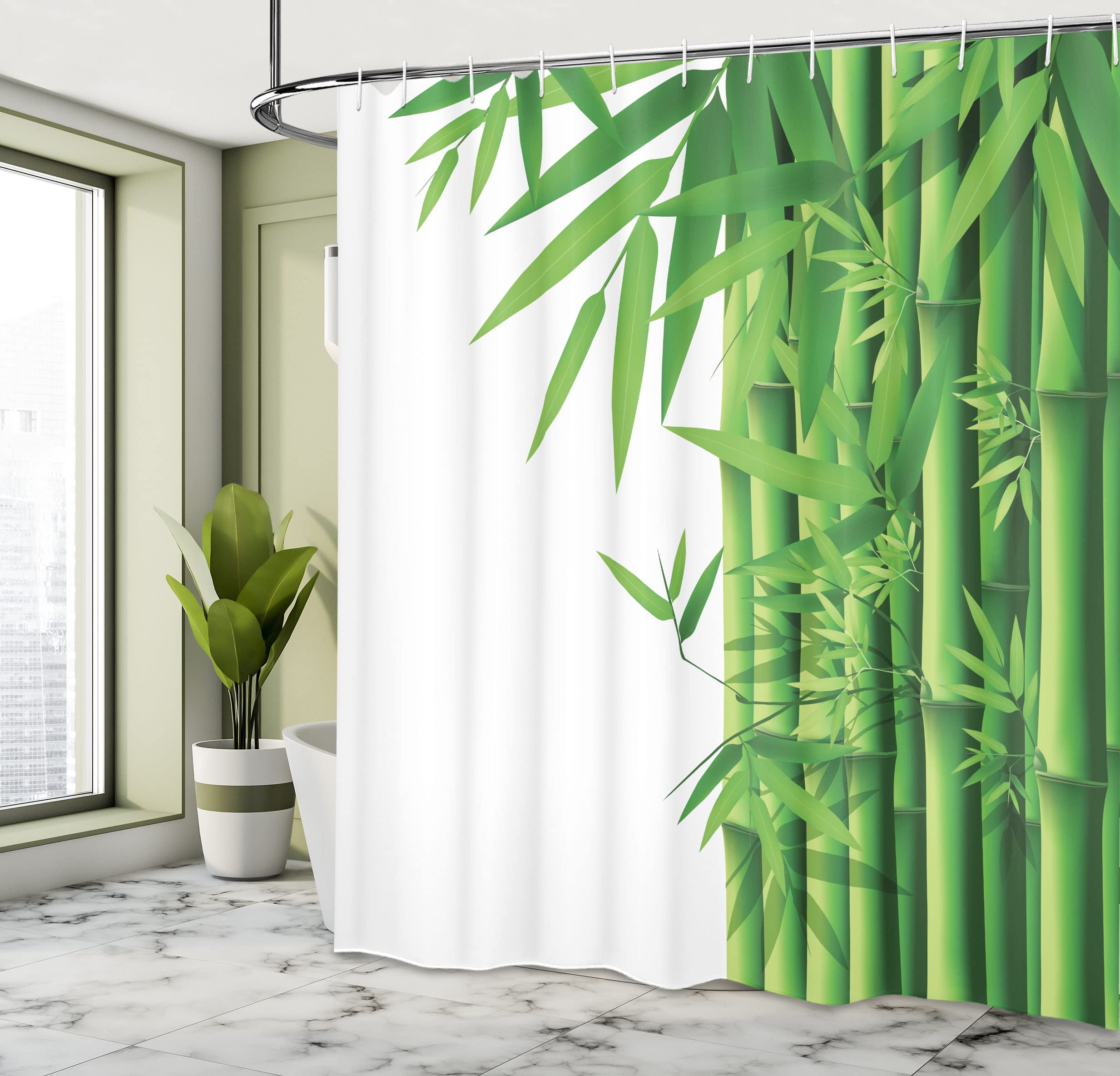 ABAKUHAUS Bamboo Shower Curtain, Modern Image of Fresh Bamboo Stems Leaves with Colors Exotic Nature Themed Print - Image 4