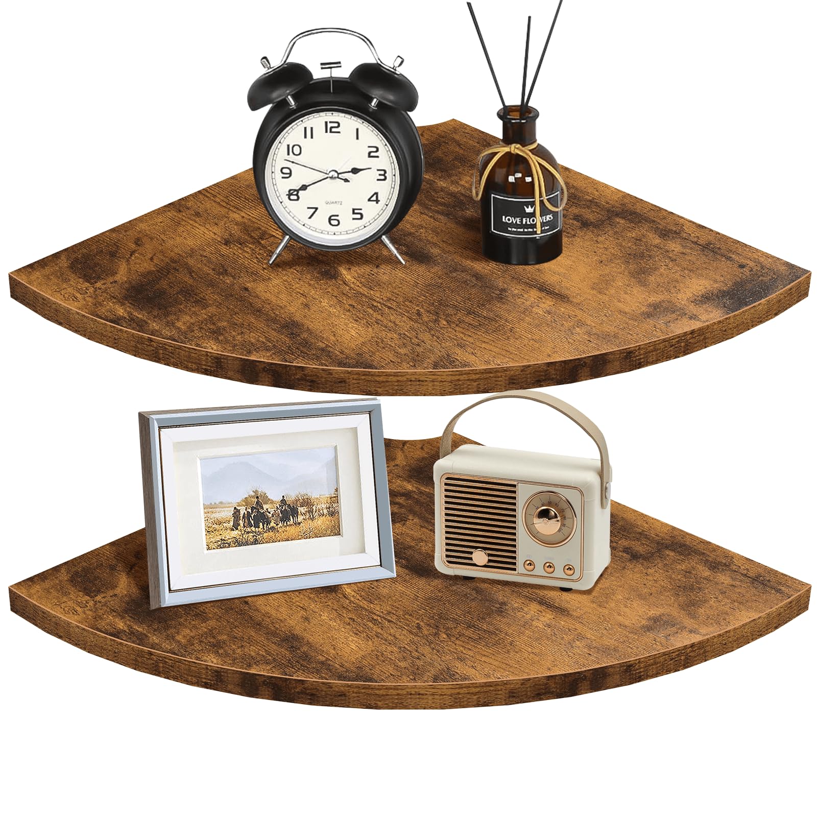 Homode Corner Shelf Wall Mount, 12 Inch Wood Floating Corner Shelves with Cord Hole, Set of 2 Large Corner Hanging Shelves for Bathroom Bedroom Kitchen, Rustic Brown