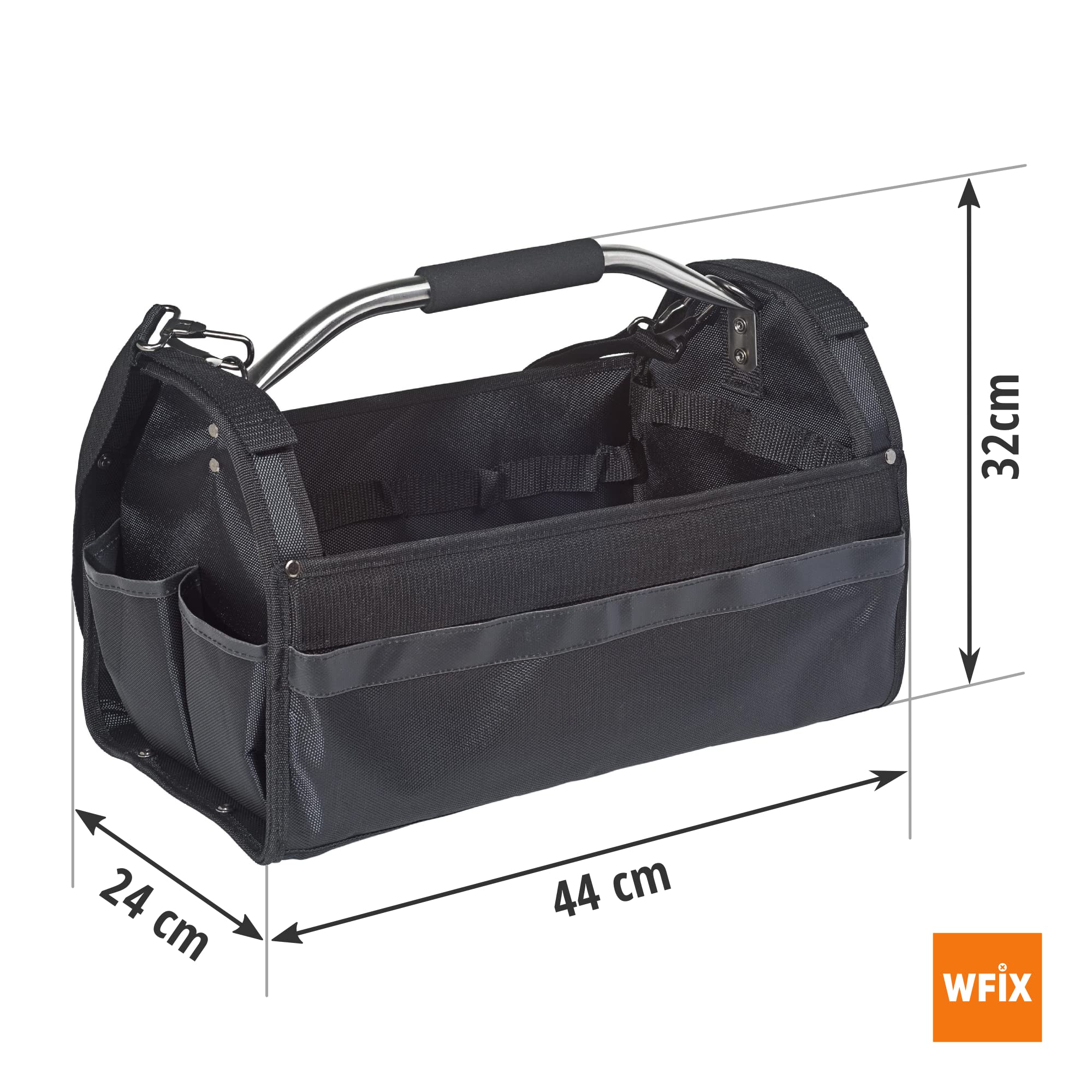 Wfix Bolsa de herramientas profesional vacía abierta, tamaño L – 44 x 24 x 32 cm | Portaherramientas de poliéster D900 con asa de acero inoxidable y correa ajustable para el hombro