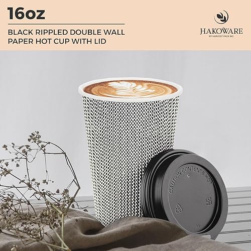 Miniatura 3 de HAKOWARE - Taza de papel de doble pared aislada de 16 onzas con tapa geométrica en blanco y negro café té bebidas de chocolate caliente para llevar