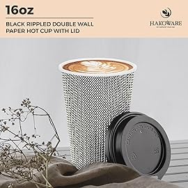 [85 SET]Harvest Pack 16 oz Disposable Coffee Cups, Insulated Ripple Double-Walled Paper Cups with Lids, Black and White Geometric, Drinking Cups for Tea Hot Chocolate Drinks To go coffee cups