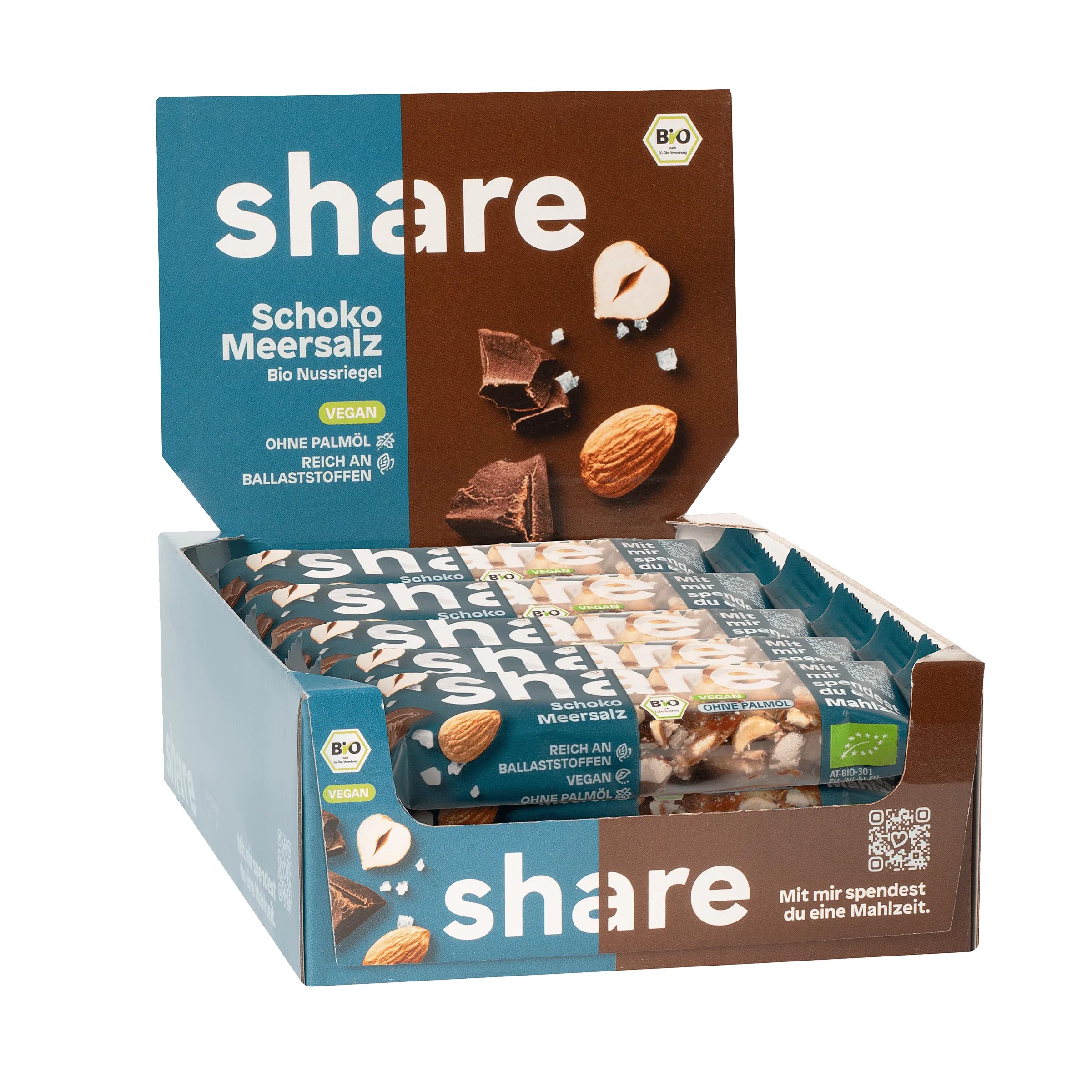 share Bio Nussriegel Schoko & Meersalz (15x35g) | Vegan, Ohne Palmöl, Laktosefrei – Snackriegel mit Mandeln, Haselnuss, Schokolade & Meersalz – Spendet Essen