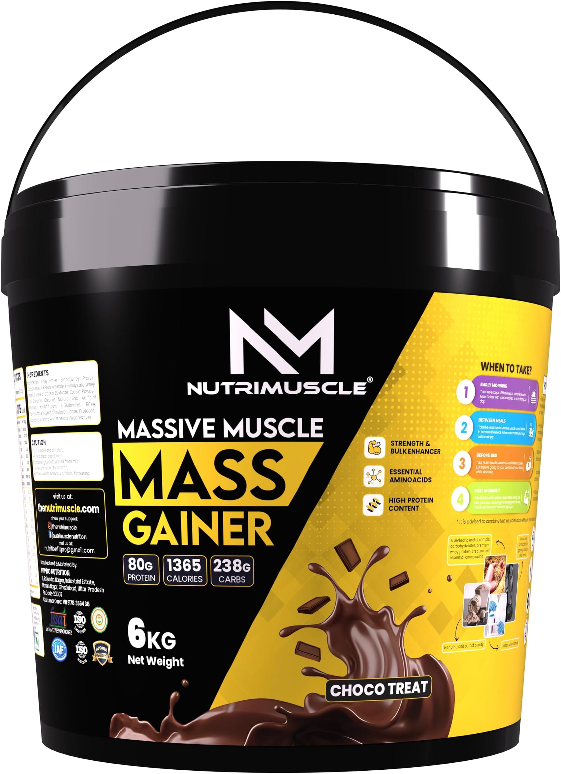 Nutrimuscle Massive Muscle Mass Gainer - 6kgs - Choco Treat (Chocolate) Flavour for Mass, Muscle, Power & Strength Gain - Contains Complex Carbohydrates, Whey Protein, BCAA , Digestive Enzymes & Essential Vitamins & Minerals - Also Contains Nutrimuscle CREATINE MONOHYDRATE - High protein Gainer