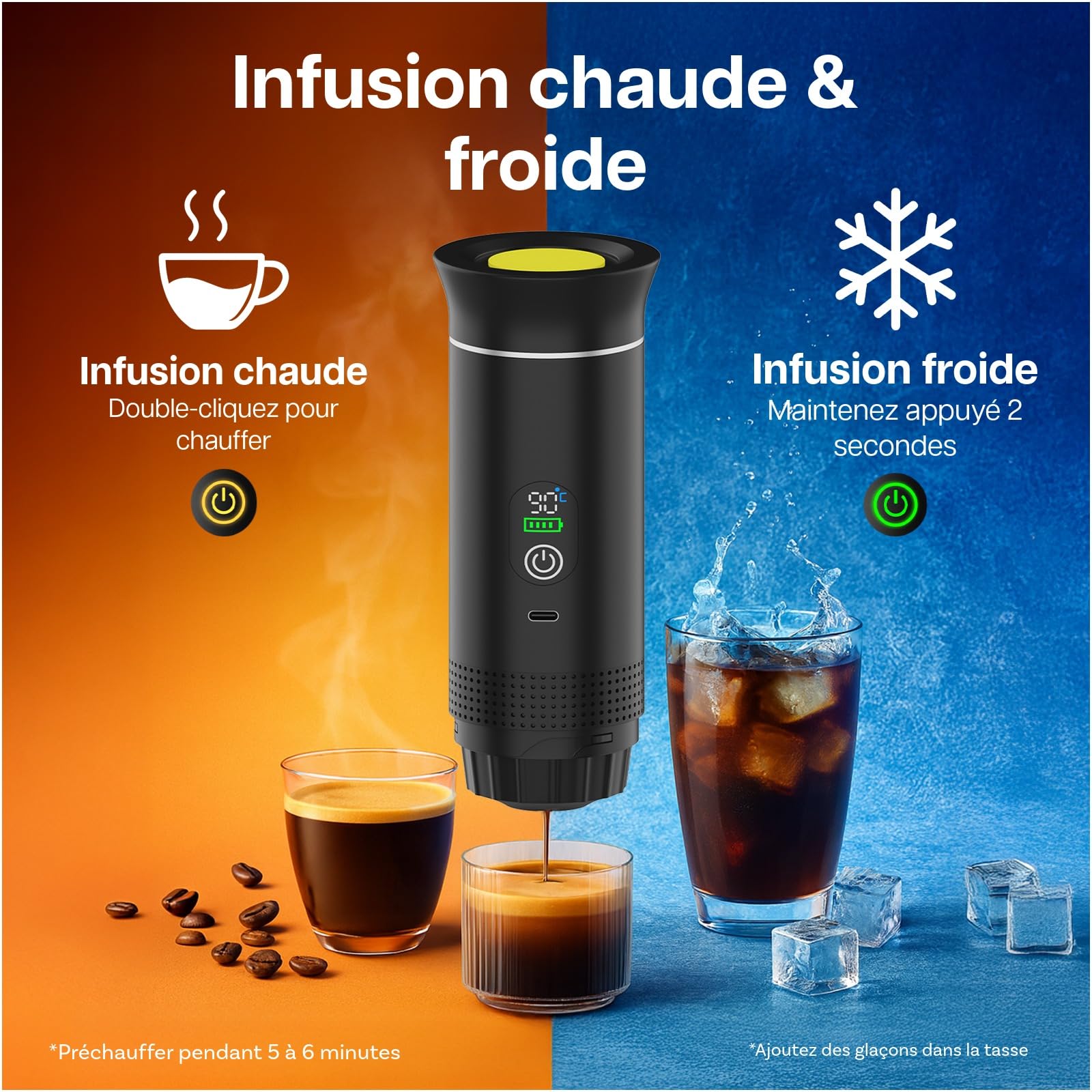 MMOBIEL Cafetière Portable Machine à Café Expresso Électrique avec Base Anti-Dérapante, Auto-Chauffante & USB-C – Compatible Capsules & Café Moulu pour Voyage, Camping, Maison, Voiture, Bureau
