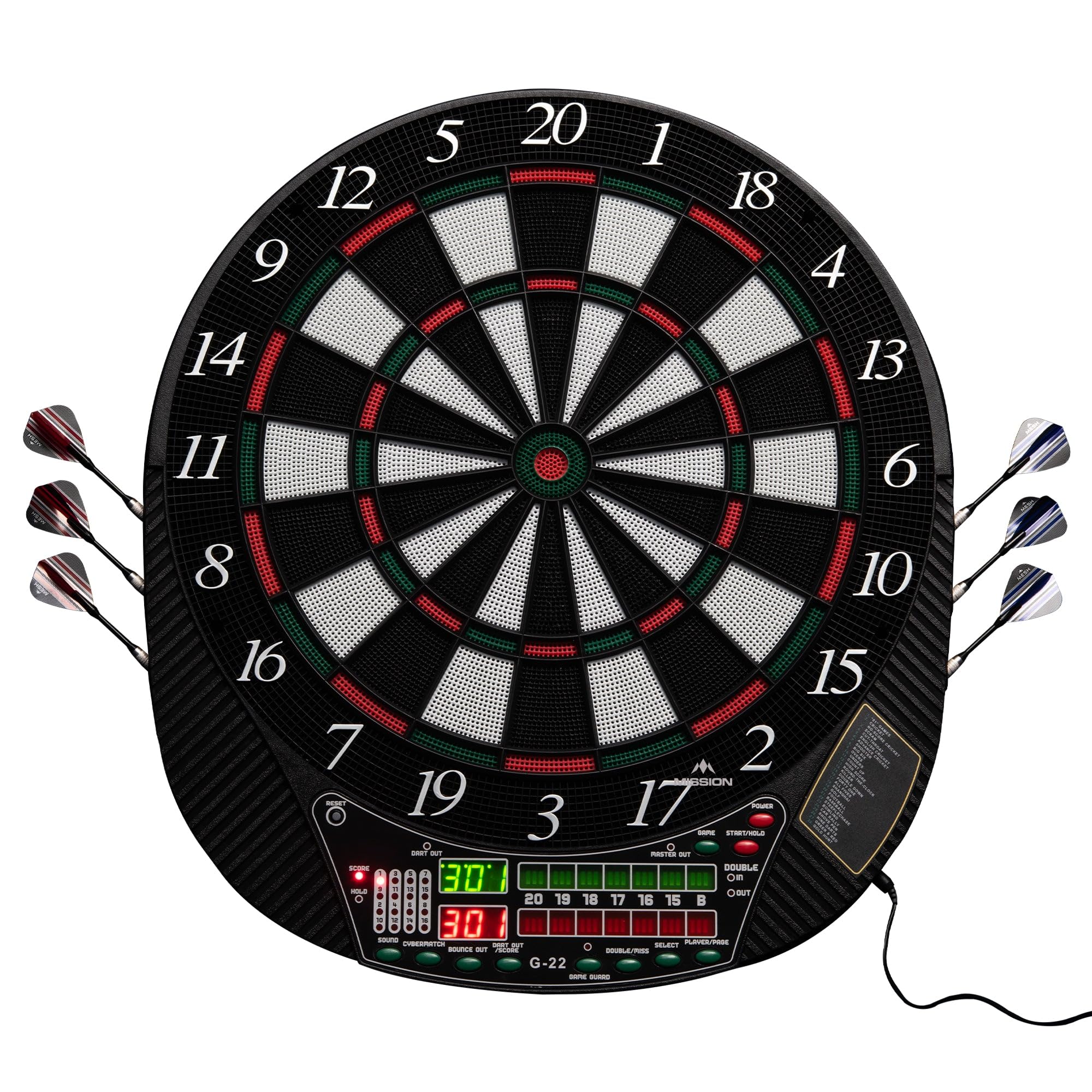 Mission Darts | G220 Electronic Dartboard | Professional Soft Tip | Up to 16 players | 28 Games | Includes 4 Sets of Darts.