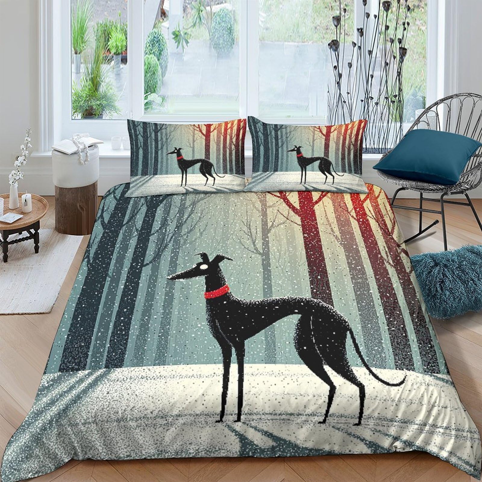 Ctjqhvkz Style-3 3D Printed Forest Silhouette Fitted Sheet Microfiber Soft Black Greyhound Mattress Cover For Bedroom Guest Room Decor Single（135X200cm）