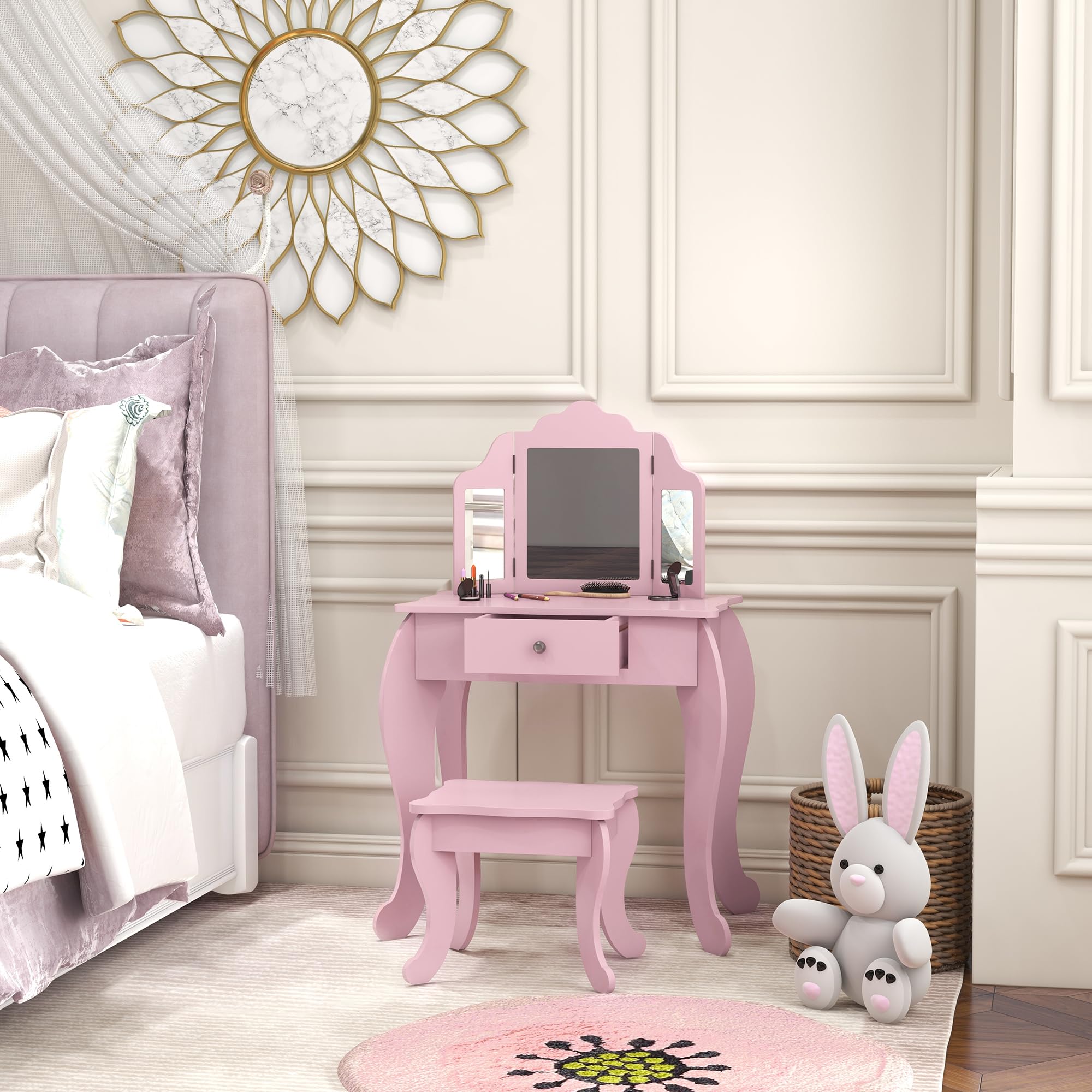 HOMCOM Tocador Infantil con Taburete y Espejo Ajustable, Tocador para Niñas con Cajón, Mesa de Maquillaje para Niños y Niñas de 3-6 Años, Rosa
