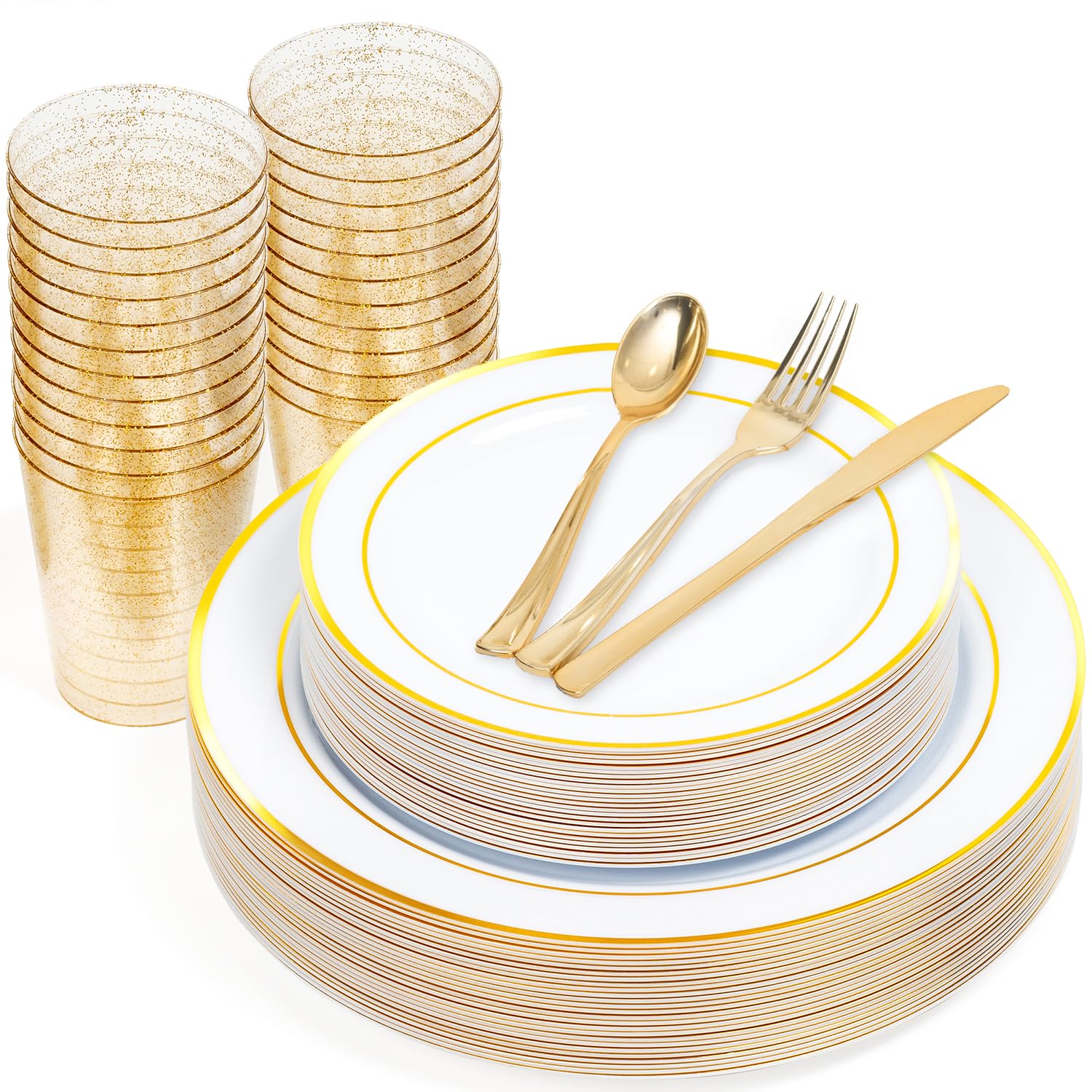 MATANA 150 Stück Mehrweg Partygeschirr Set in Weiß & Gold für 25 Gäste - 25 Plastikteller 25 Dessertteller 25 Löffel 25 Gabeln 25 Messer & 25 Partybecher - Hochzeiten, Geburtstage & Partys