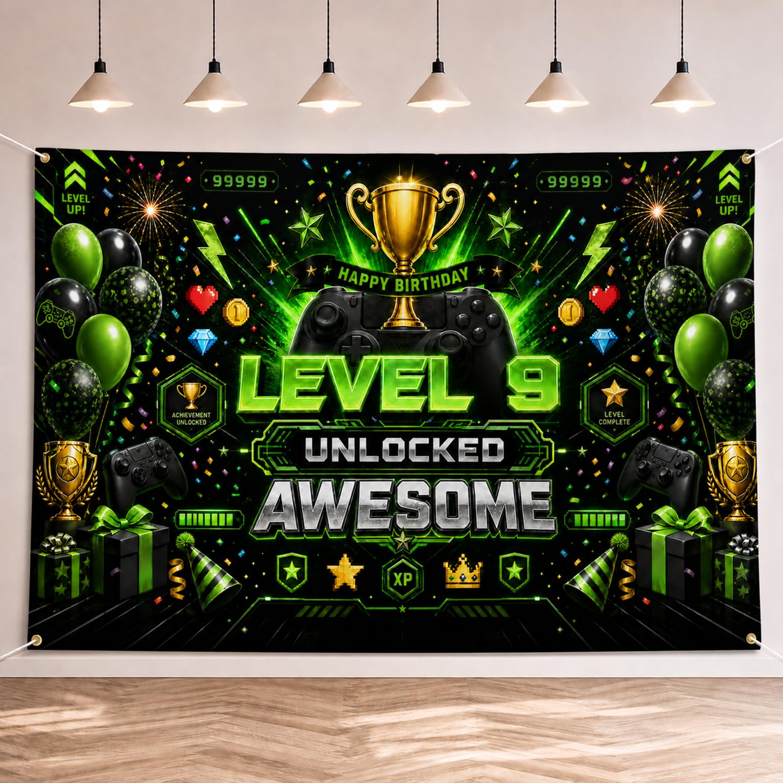 Geukmun 9th Birthday Decorations Banner Boys Gaming Backdrop 180x110cm