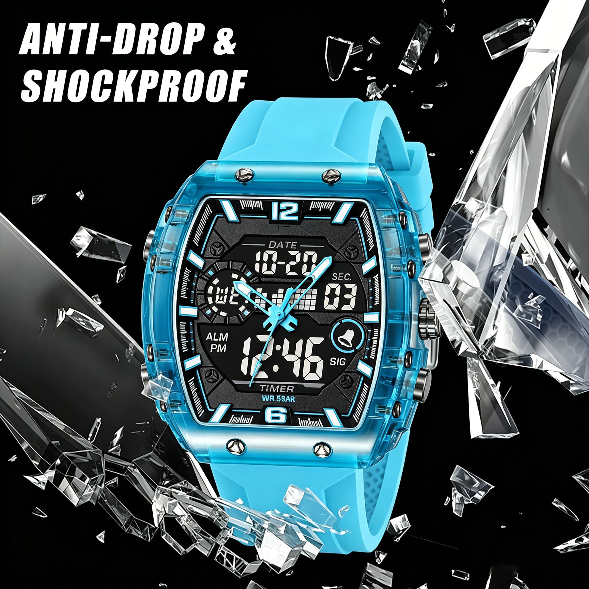 findtime Herren-Armbanduhr, Sport, einzigartig, digital, analog, wasserdicht, für Männer und Frauen, Stoppuhr, Alarm, coole Chronograph-Uhr, Silikonband, Armbanduhr, transparent, großes rechteckiges