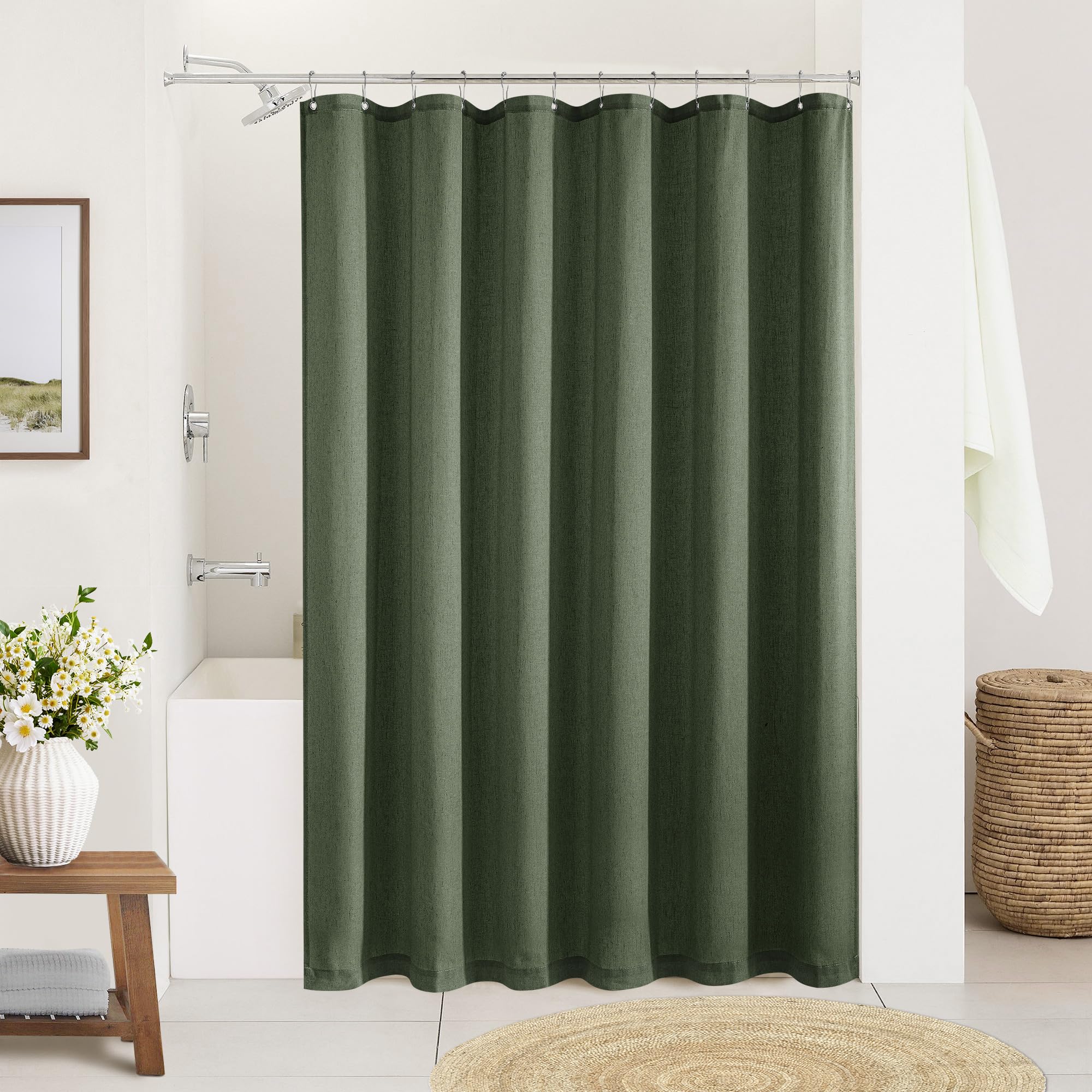 Green Olive Linen Shower Curtain Country Boho Farmhouse Bathroom Decor Shower Curtains 78 Inches Long for Bathroom Neutral Cloth Textured Fabric Bath