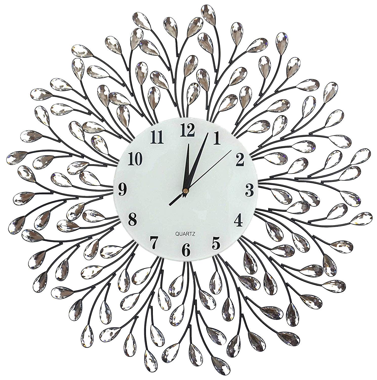Lulu Decor, 25” Vine Decorative Metal Wall Clock, White Glass Numbers Dial 9.5”, Crystal Accent Clock Living Room & Bed Room (White Lines)