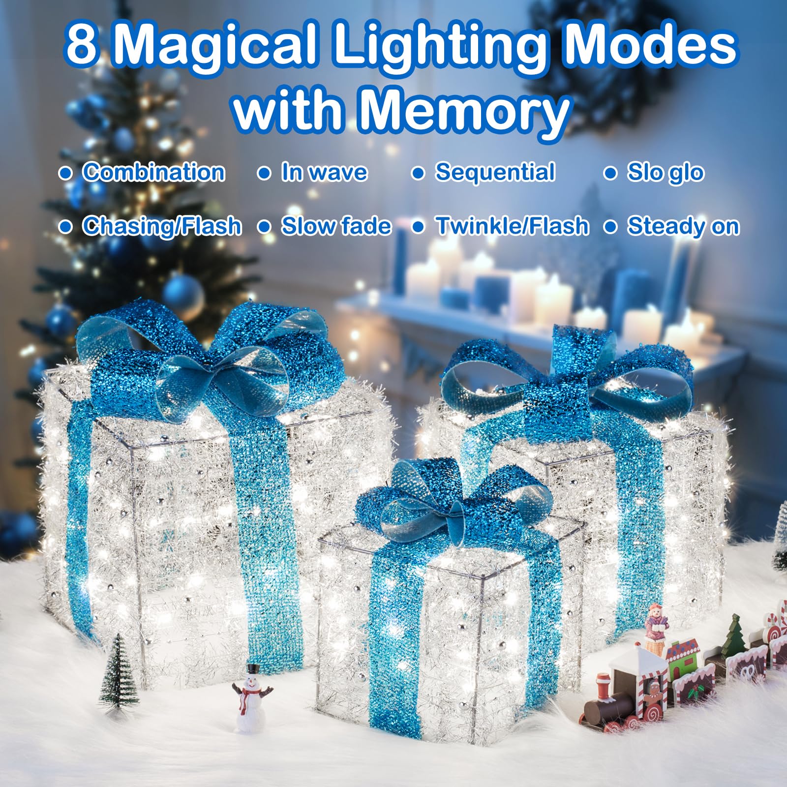 Christmas Decorations, 140 LEDs Set of 3 Lighted Gift Boxes with Silver Tinsel and Bows, Warm White Present Boxes for Indoor Outdoor Holiday Party Yard Bedroom Home Xmas Decor: Blue
