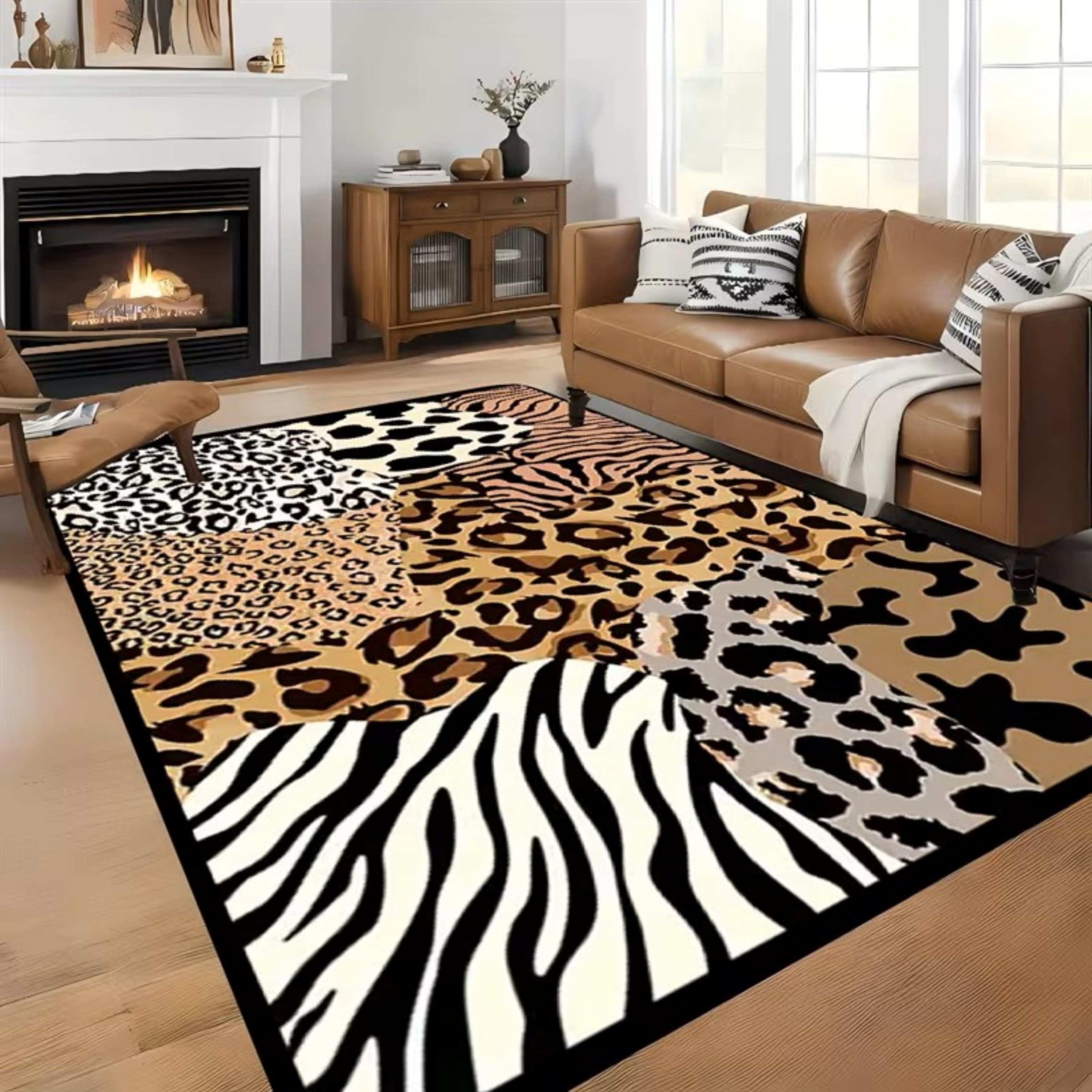 Animal-Print-Teppich 60x110cm, Patchwork aus Tiger-, Leoparden- und Zebramuster, rutschfest und langlebig, leicht zu reinigen, weicher Kurzflor-Teppich für Schlafzimmer und Wohnzimmer