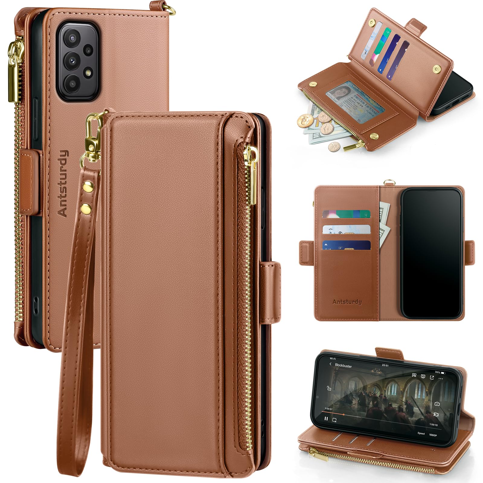 Antsturdy Samsung Galaxy A23 5G Wallet case with Card Holder for Women Men,Galaxy A23 4G Phone case RFID Blocking PU Leather Flip Shockproof Cover with Strap Zipper Credit Card Slots,Light Brown