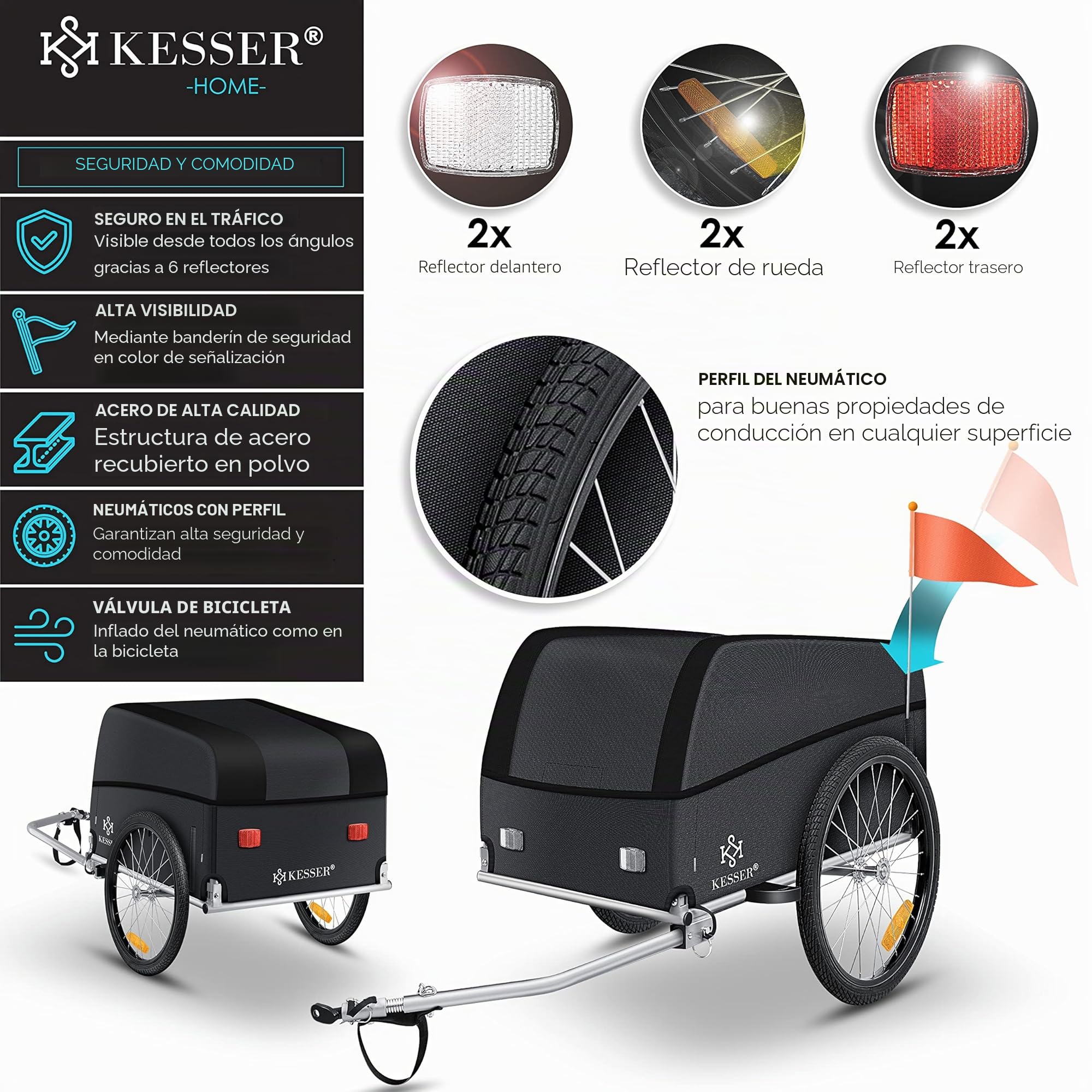 KESSER® Remolque de Carga para Bicicleta, Remolque de Transporte, con Embrague, Incluye Tapa, función Plegable, para Bicicleta, Caja de Transporte con 120 litros, máx. 40 kg
