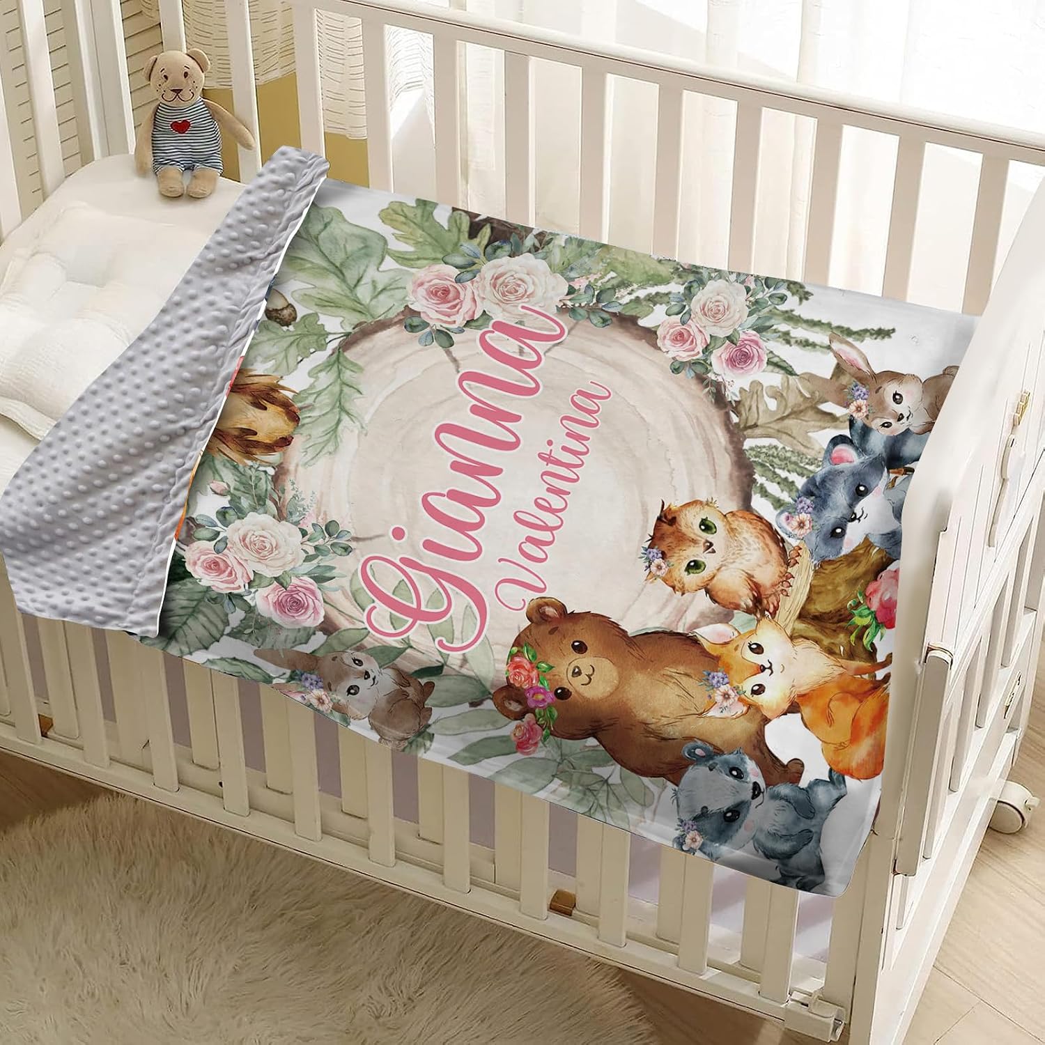 Personalized Baby Blanket - Custom Woodland Animals Blankets with Name - Soft Plush Flannel Throw Blanket with Double Layer Dotted Backing for Boys Girls Gift Color09