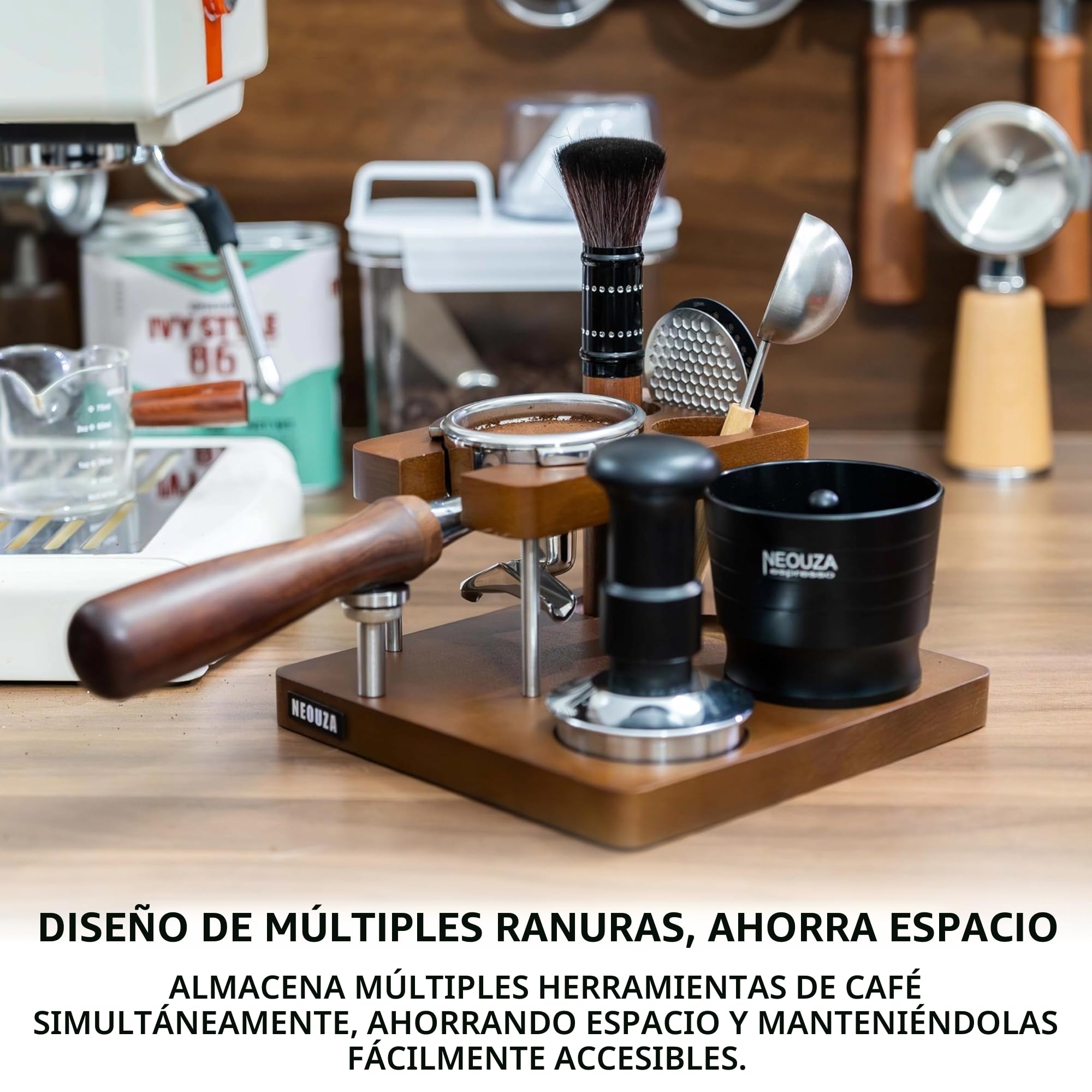 NEOUZA Estación Organizadora de Prensadores de Espresso para Prensador Distribuidor Portafiltros de 51/53/58mm, Estación de Prensado de Madera, Soporte de Portafiltros, Alfombrilla de Prensado (51mm)
