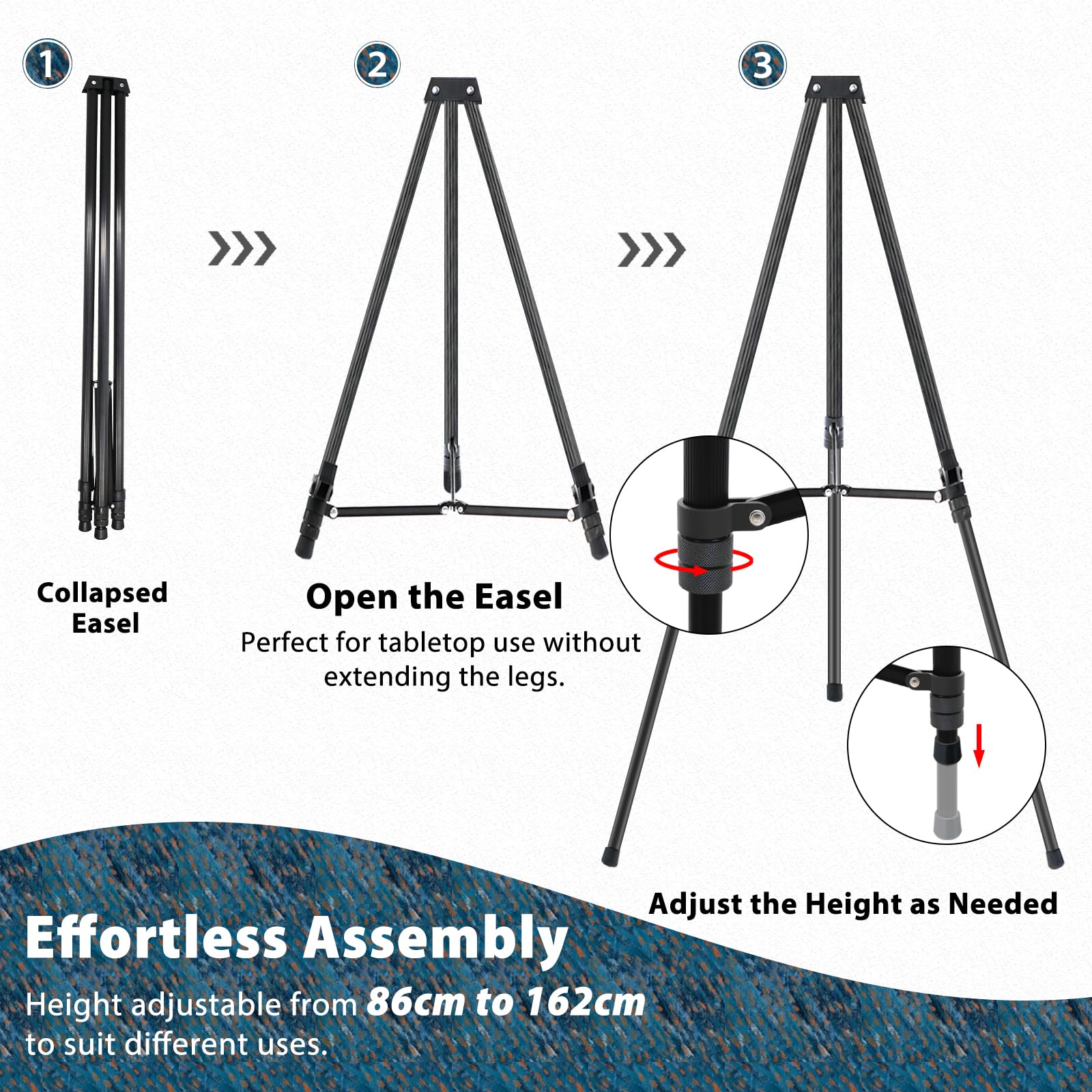 4 caballetes para exhibición, caballete telescópico de aluminio de 162 cm, caballete negro ajustable para pintura, obras de arte, lienzo, pizarra blanca, pósteres
