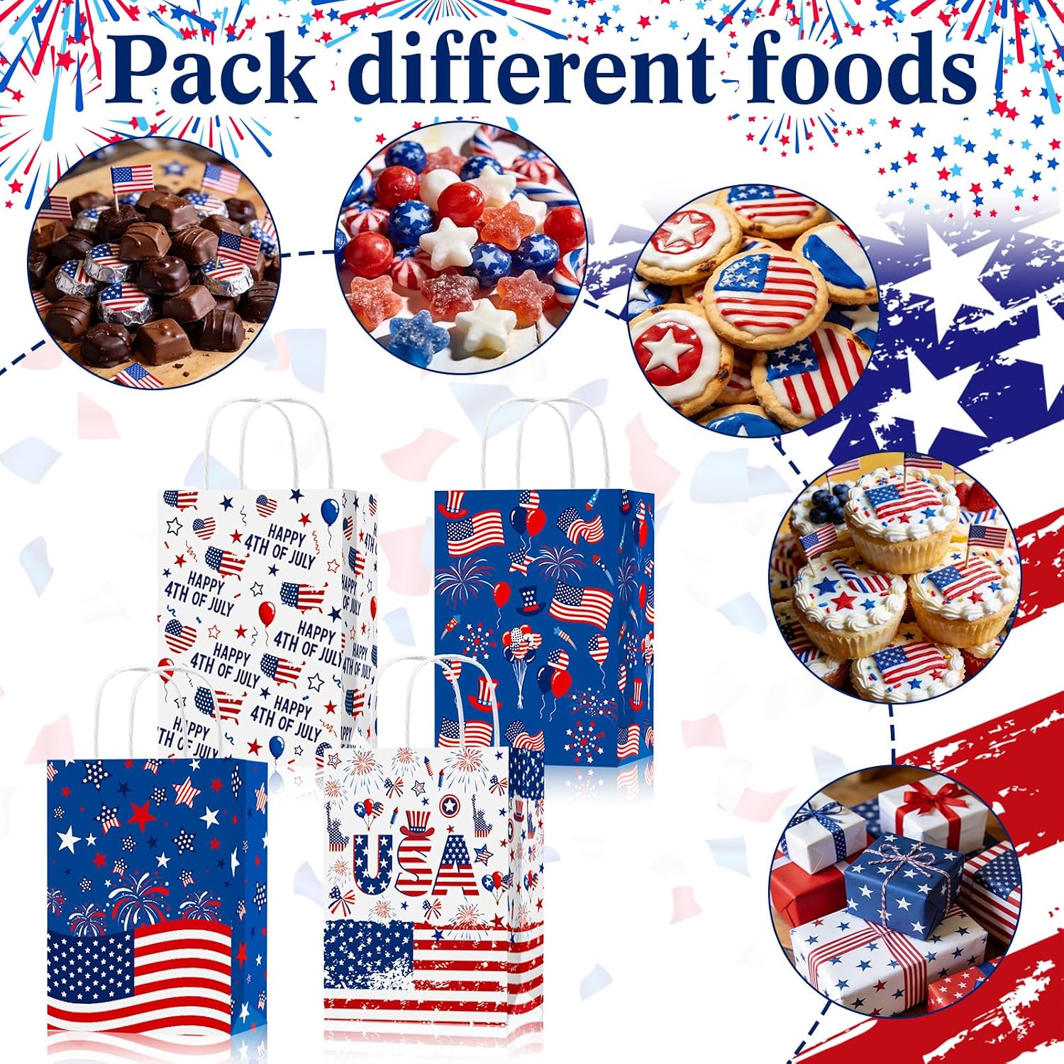 Konsait 12 Pack Double-Sided 4th of July Gift Bags with Handles, Red White Blue Patriotic Treat Pouches for Independence Day, Memorial Day and Flag Party Supplies image 4