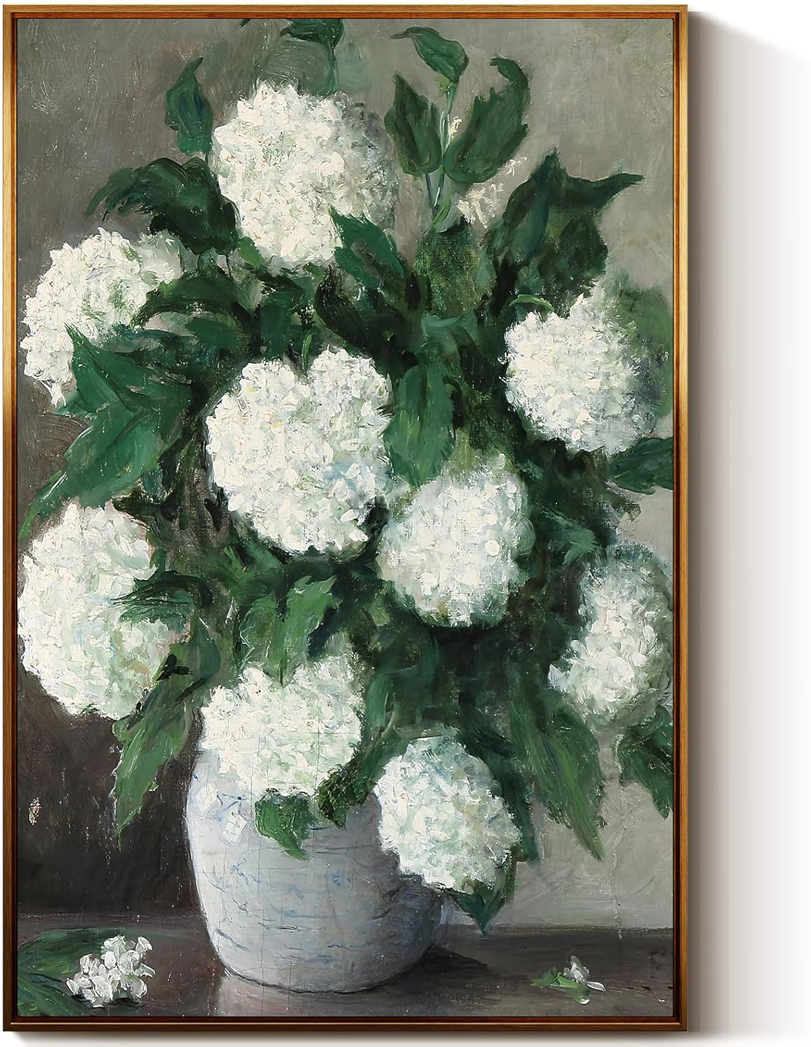InSimSea Golden Framed Vintage Canvas Wall Art Still Life With White Hydrangeas In A Caramic Vase Painting 24x36in, Flowers Floral Botanical Print LivingRoom Art Home Wall Decor Bedroom Bathroom White Hydrangeas 24x36