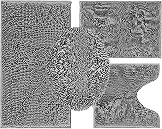 Bathroom Rugs Sets 4 Piece with Toilet Lid Cover, Non Slip Bathroom Mats Extra Soft Chenille Bath Rugs Absorbent Shaggy Rugs Perfect Plush Mats U-Shaped Toilet Rug and Toilet Cover-Bathroom Set