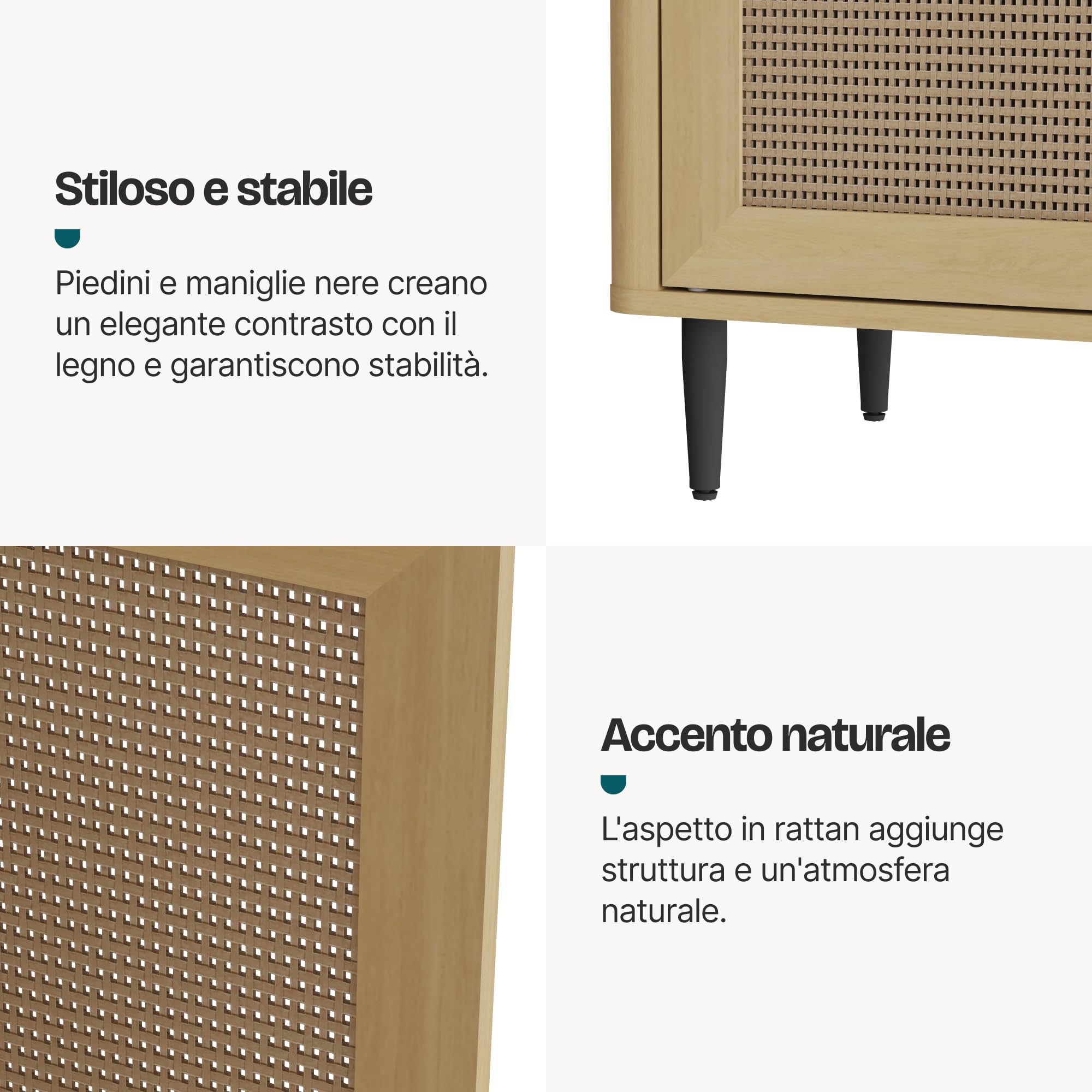 [en.casa] Mobile TV con Ante Inserto Effetto Rattan e Scomparti Aperti Porta Televisore con Fori Passacavi Stand Multimediale per Zona Living 152x40x54 cm Effetto Rovere
